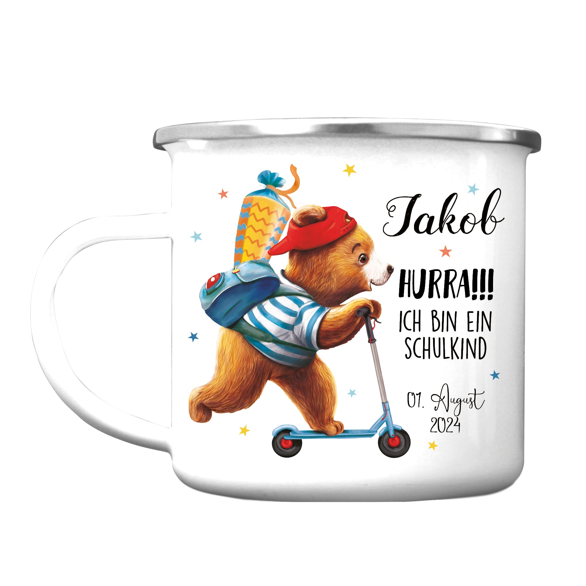 Auf dem Bild ist das Produkt: Kindertasse Emaille Becher Bär Roller Schulkind Einschulung Geschenk Schulanfang zum Preis von €18.9 abgebildet.