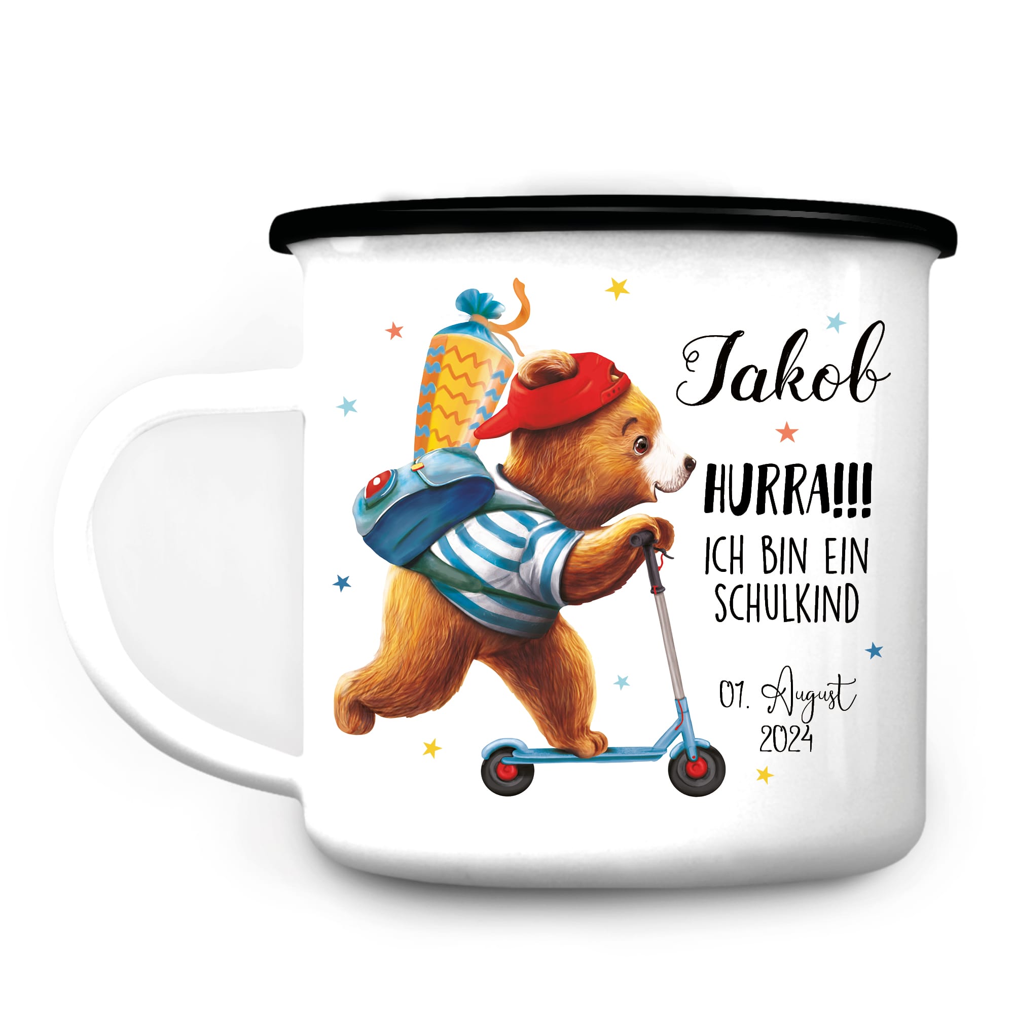 Auf dem Bild ist das Produkt: Kindertasse Emaille Becher Bär Roller Schulkind Einschulung Geschenk Schulanfang zum Preis von €18.9 abgebildet.