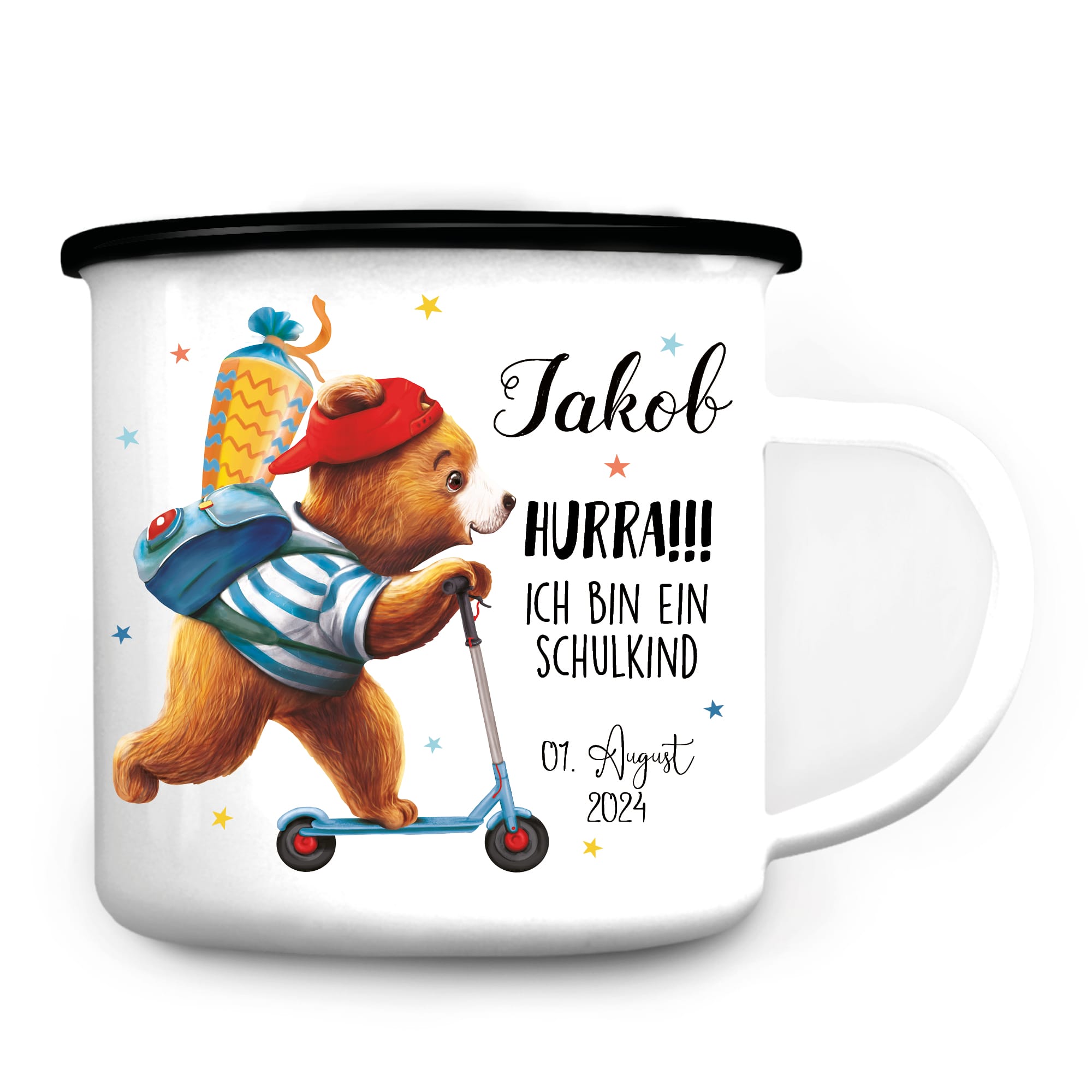 Auf dem Bild ist das Produkt: Kindertasse Emaille Becher Bär Roller Schulkind Einschulung Geschenk Schulanfang zum Preis von €18.9 abgebildet.