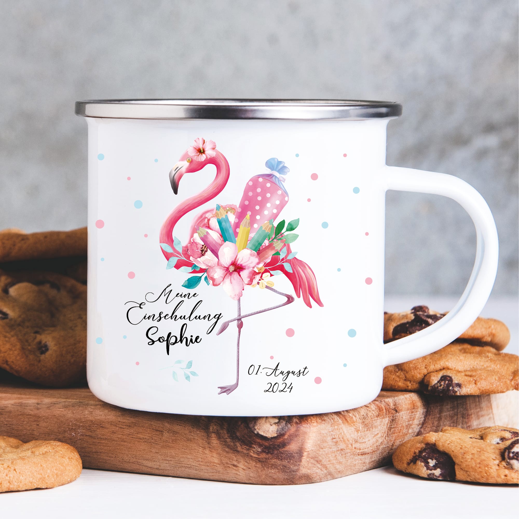 Kindertasse Emaille Becher Flamingo personalisierbar Mädchen Schulkind Einschulung Geschenk Schulanfang