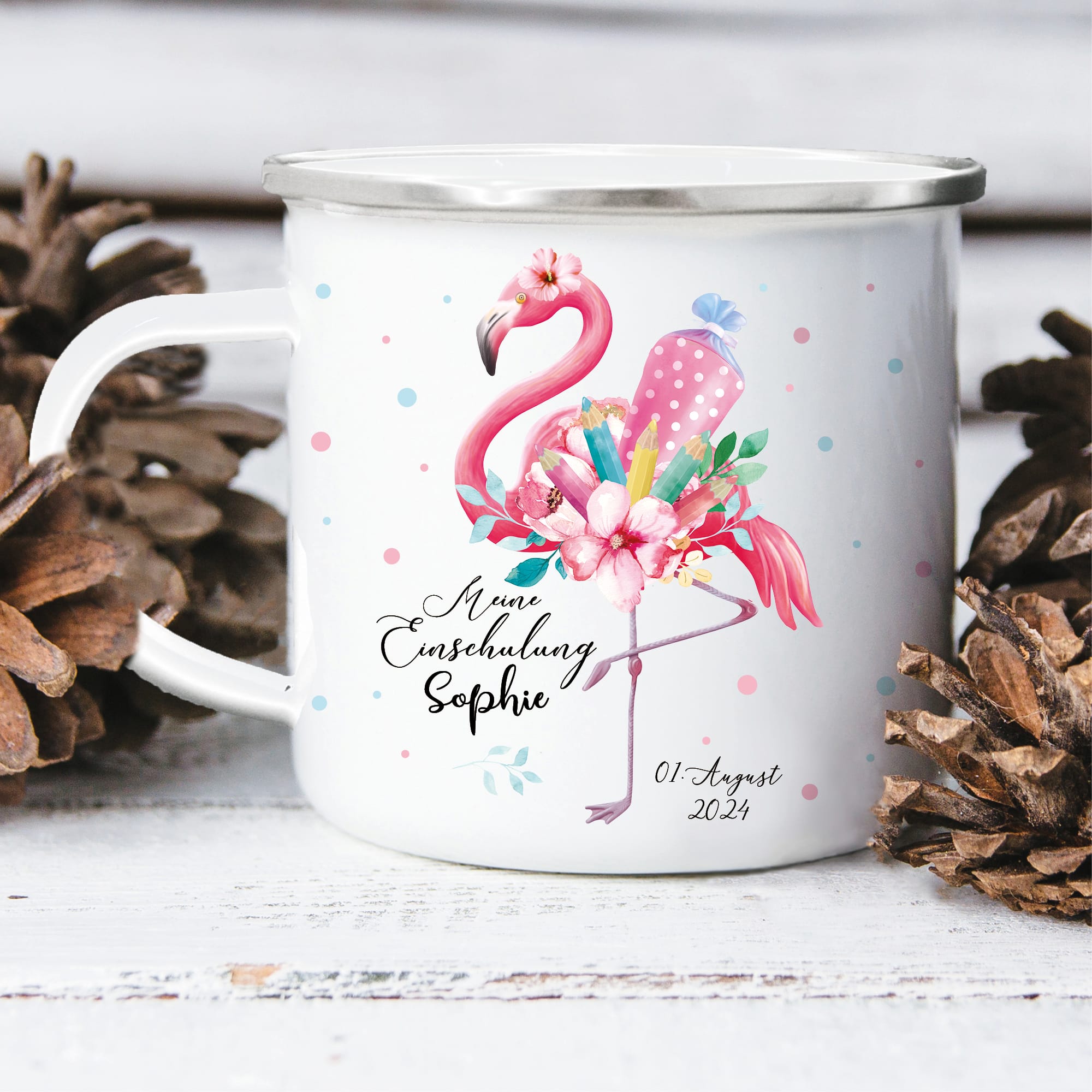 Auf dem Bild ist das Produkt: Kindertasse Emaille Becher Flamingo personalisierbar Mädchen Schulkind Einschulung Geschenk Schulanfang zum Preis von €18.9 abgebildet.