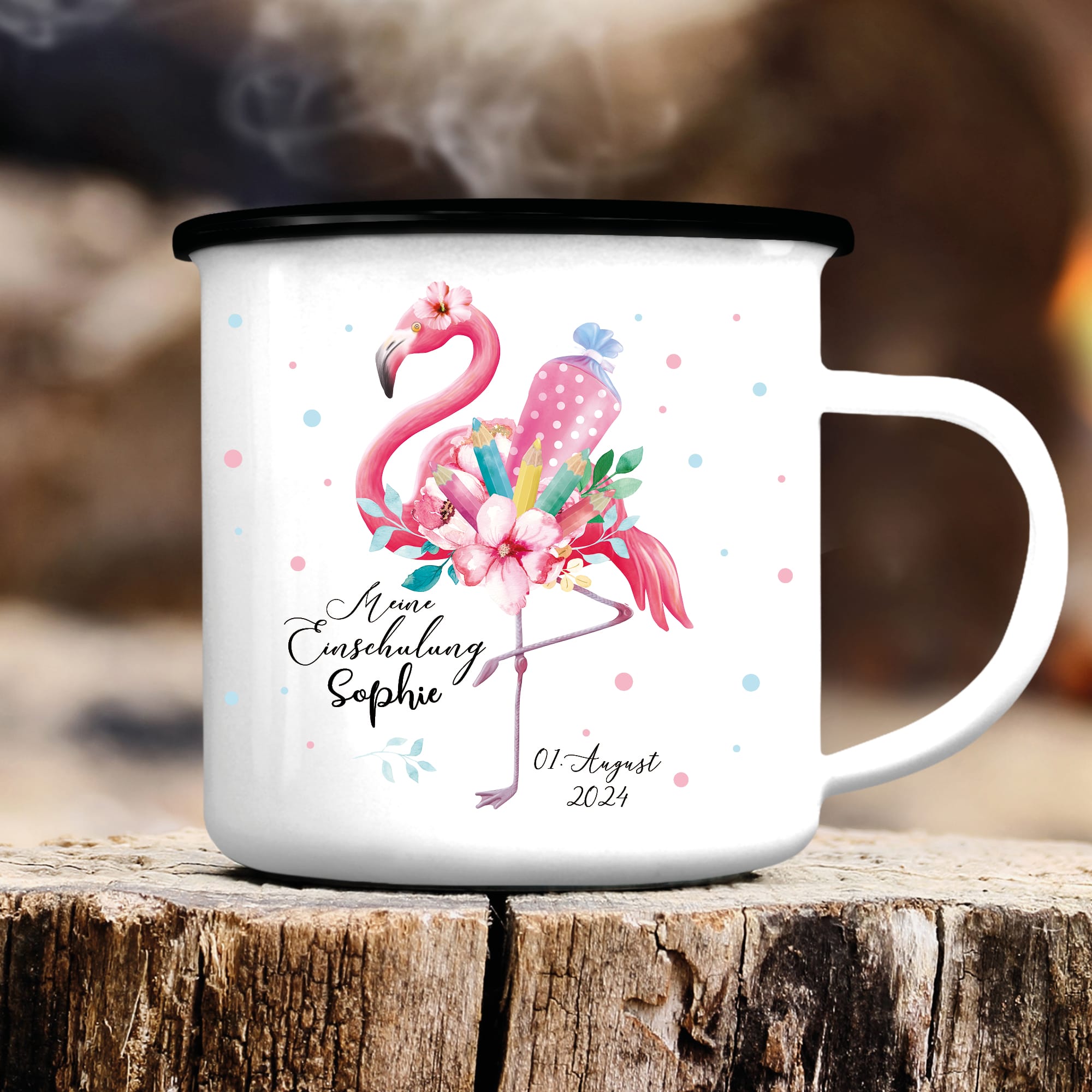 Auf dem Bild ist das Produkt: Kindertasse Emaille Becher Flamingo personalisierbar Mädchen Schulkind Einschulung Geschenk Schulanfang zum Preis von €18.9 abgebildet.