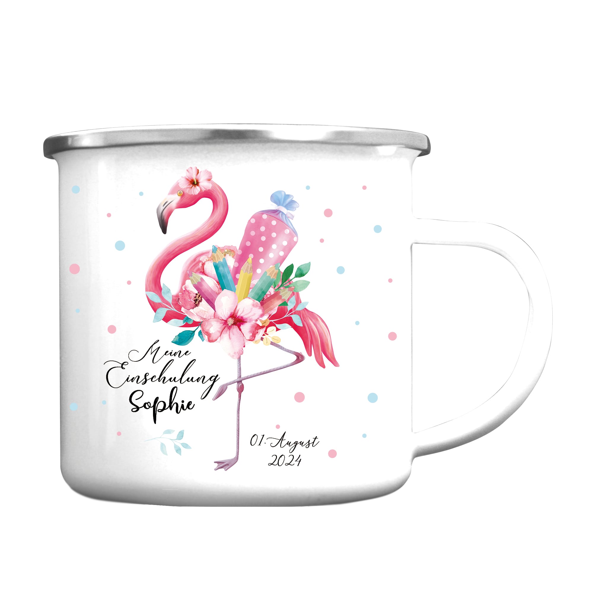Auf dem Bild ist das Produkt: Kindertasse Emaille Becher Flamingo personalisierbar Mädchen Schulkind Einschulung Geschenk Schulanfang zum Preis von €18.9 abgebildet.