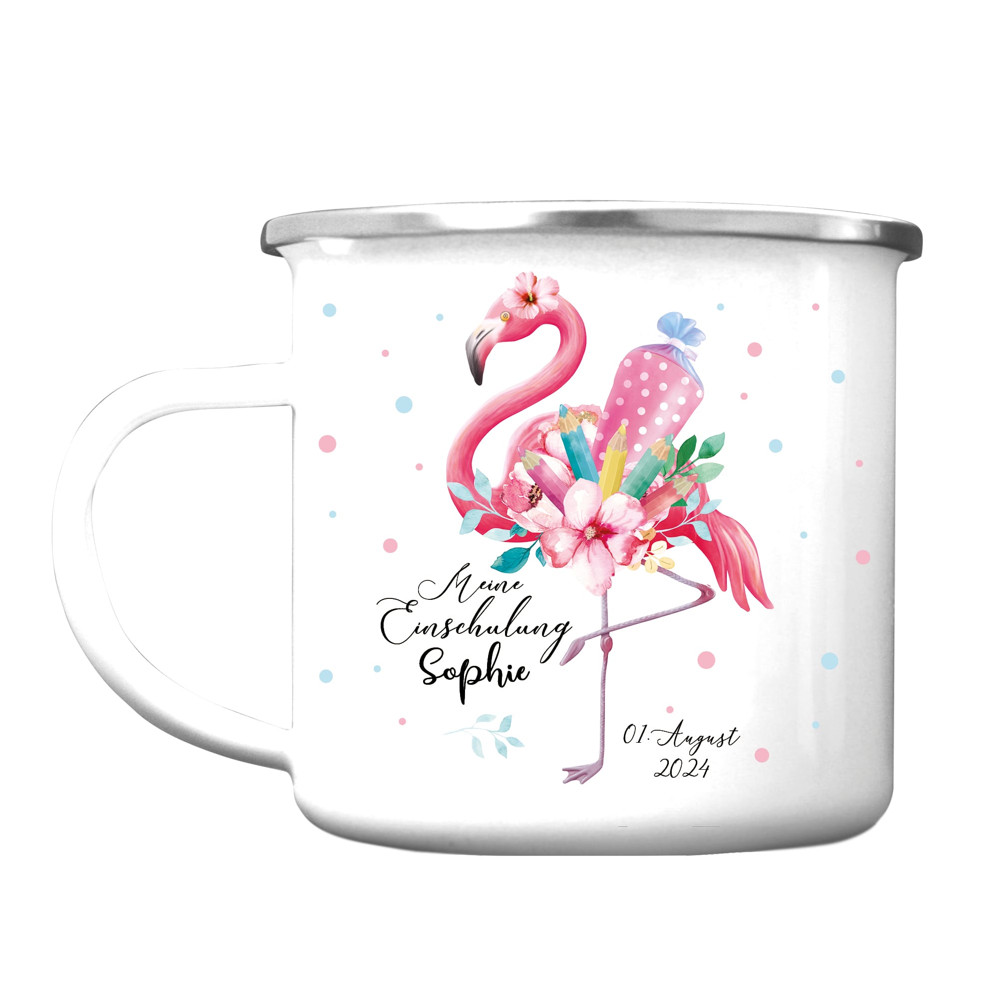 Auf dem Bild ist das Produkt: Kindertasse Emaille Becher Flamingo personalisierbar Mädchen Schulkind Einschulung Geschenk Schulanfang zum Preis von €18.9 abgebildet.