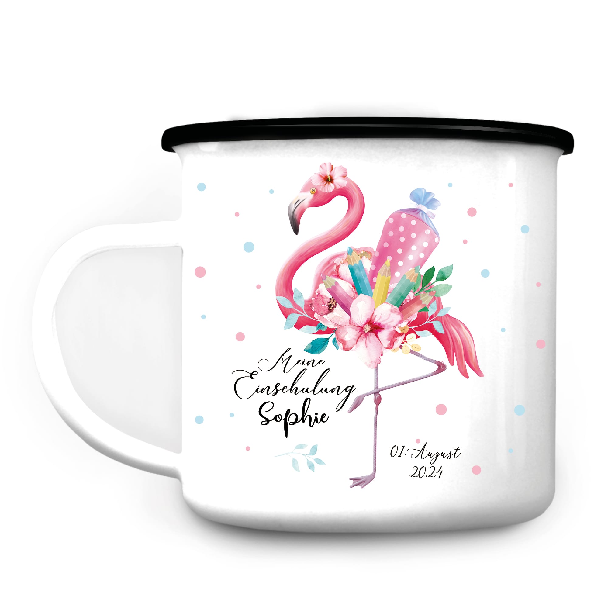 Auf dem Bild ist das Produkt: Kindertasse Emaille Becher Flamingo personalisierbar Mädchen Schulkind Einschulung Geschenk Schulanfang zum Preis von €18.9 abgebildet.