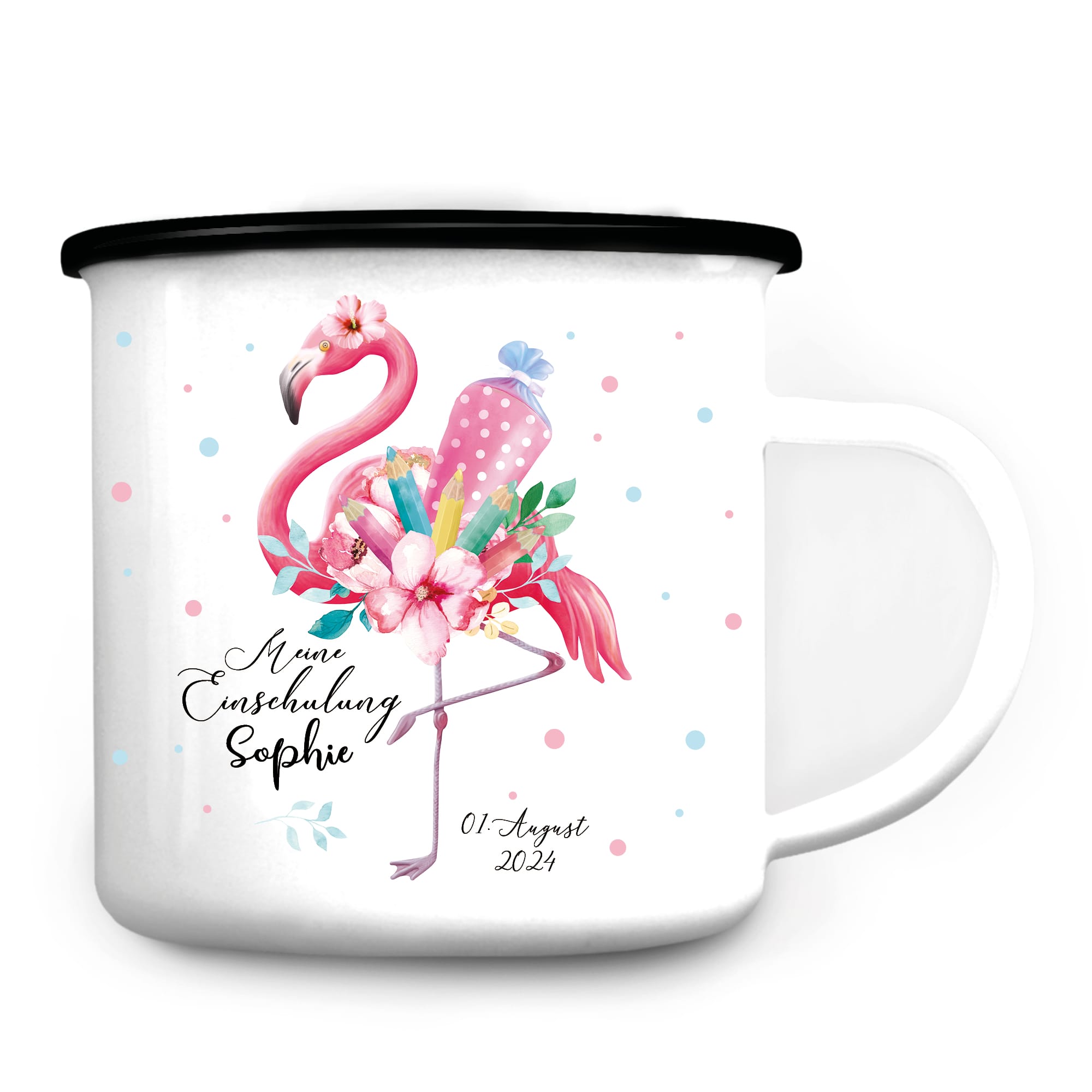 Auf dem Bild ist das Produkt: Kindertasse Emaille Becher Flamingo personalisierbar Mädchen Schulkind Einschulung Geschenk Schulanfang zum Preis von €18.9 abgebildet.
