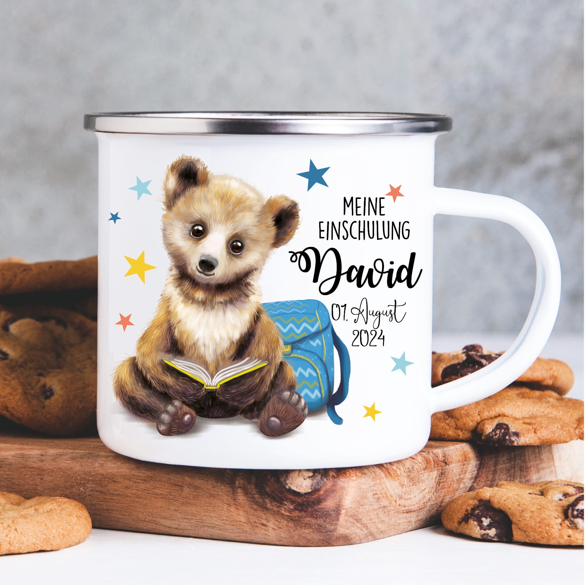 Kindertasse Emaille personalisierter Becher Bär Schulkind Einschulung Geschenk Schulanfang