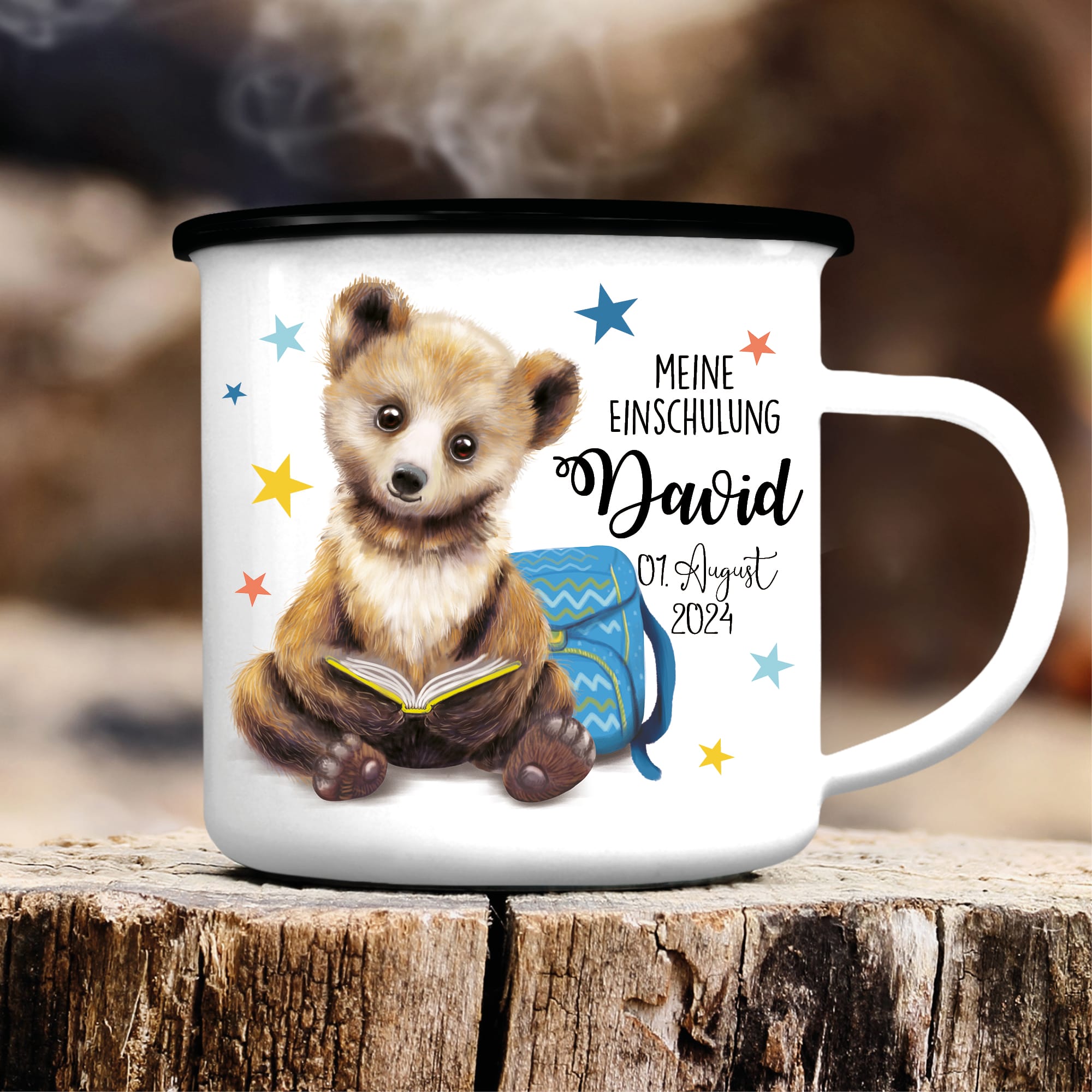 Auf dem Bild ist das Produkt: Kindertasse Emaille personalisierter Becher Bär Schulkind Einschulung Geschenk Schulanfang zum Preis von €18.9 abgebildet.