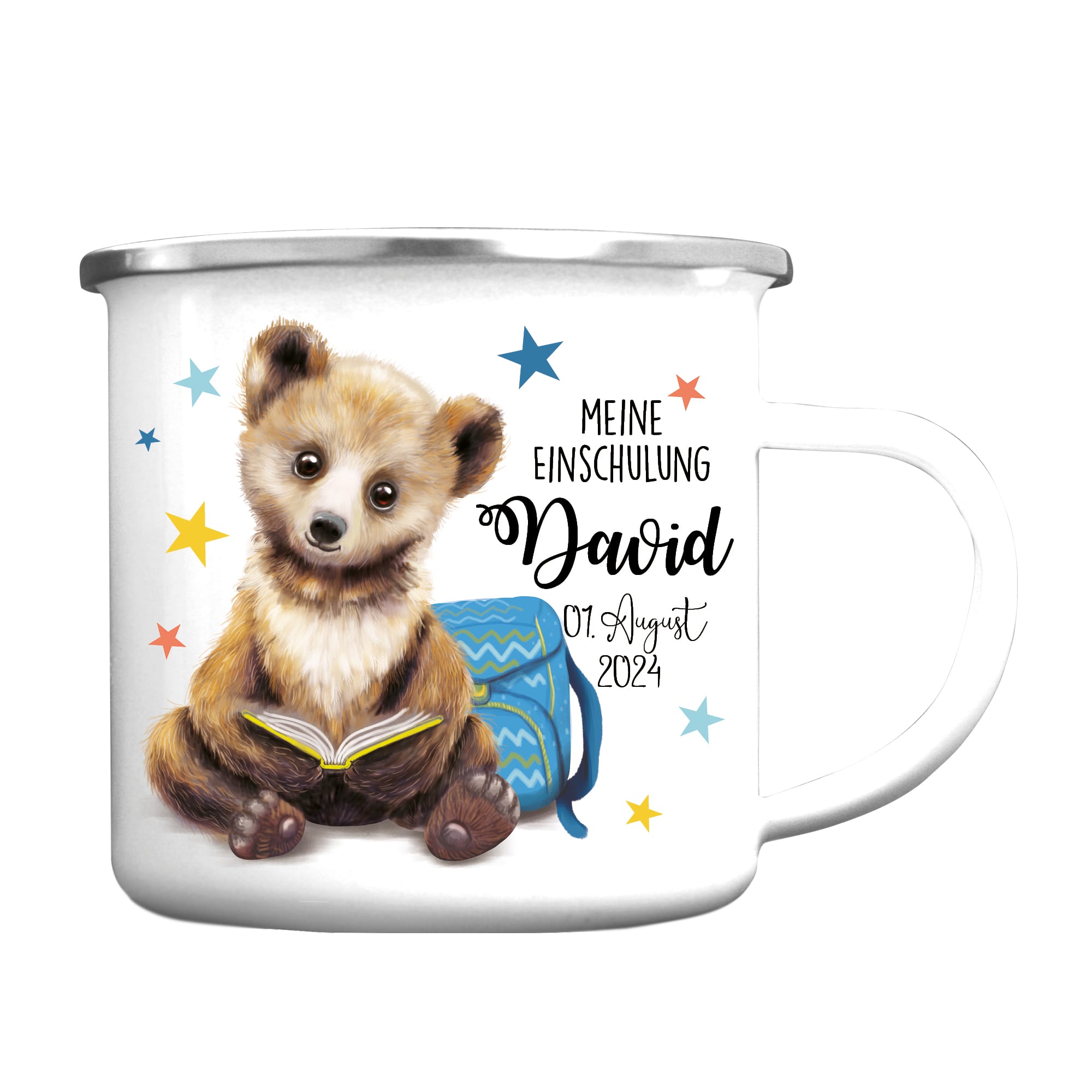 Auf dem Bild ist das Produkt: Kindertasse Emaille personalisierter Becher Bär Schulkind Einschulung Geschenk Schulanfang zum Preis von €18.9 abgebildet.