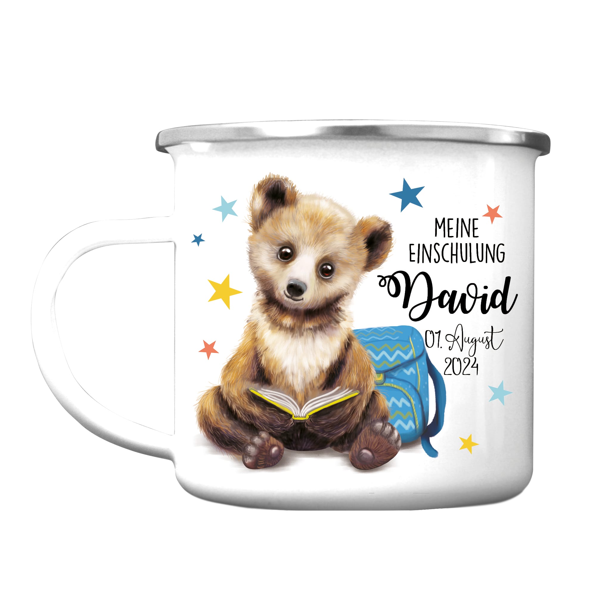 Auf dem Bild ist das Produkt: Kindertasse Emaille personalisierter Becher Bär Schulkind Einschulung Geschenk Schulanfang zum Preis von €18.9 abgebildet.