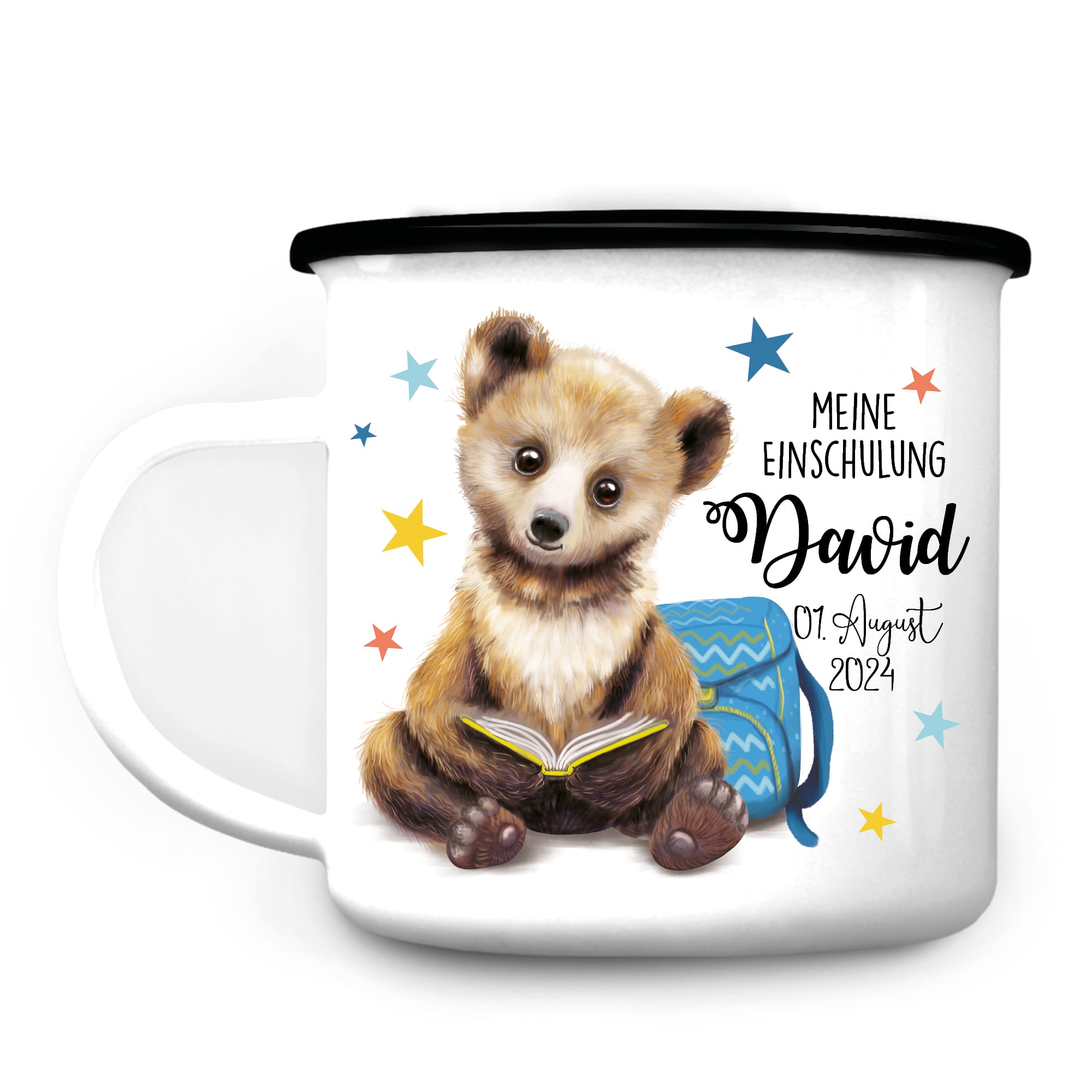 Auf dem Bild ist das Produkt: Kindertasse Emaille personalisierter Becher Bär Schulkind Einschulung Geschenk Schulanfang zum Preis von €18.9 abgebildet.