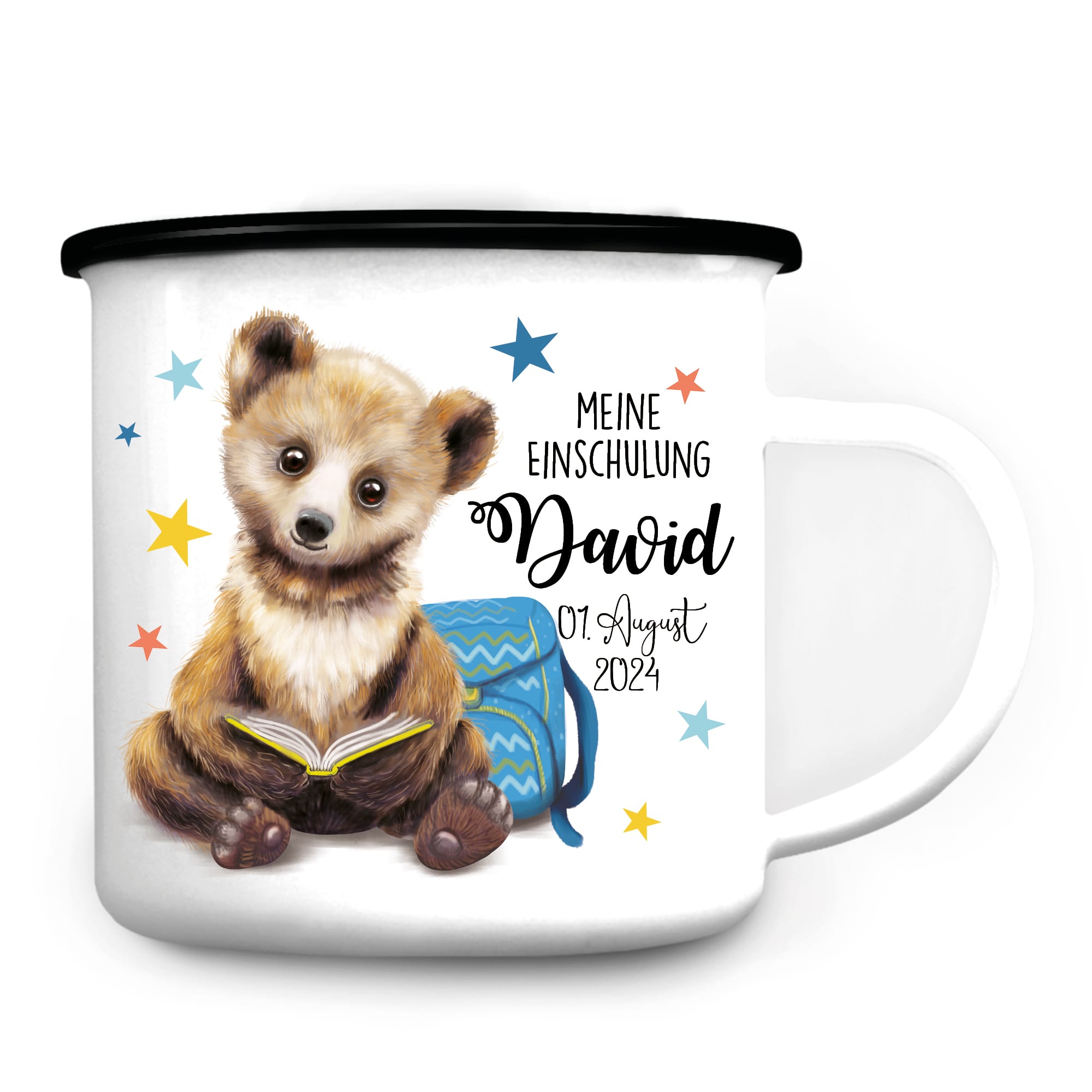 Auf dem Bild ist das Produkt: Kindertasse Emaille personalisierter Becher Bär Schulkind Einschulung Geschenk Schulanfang zum Preis von €18.9 abgebildet.