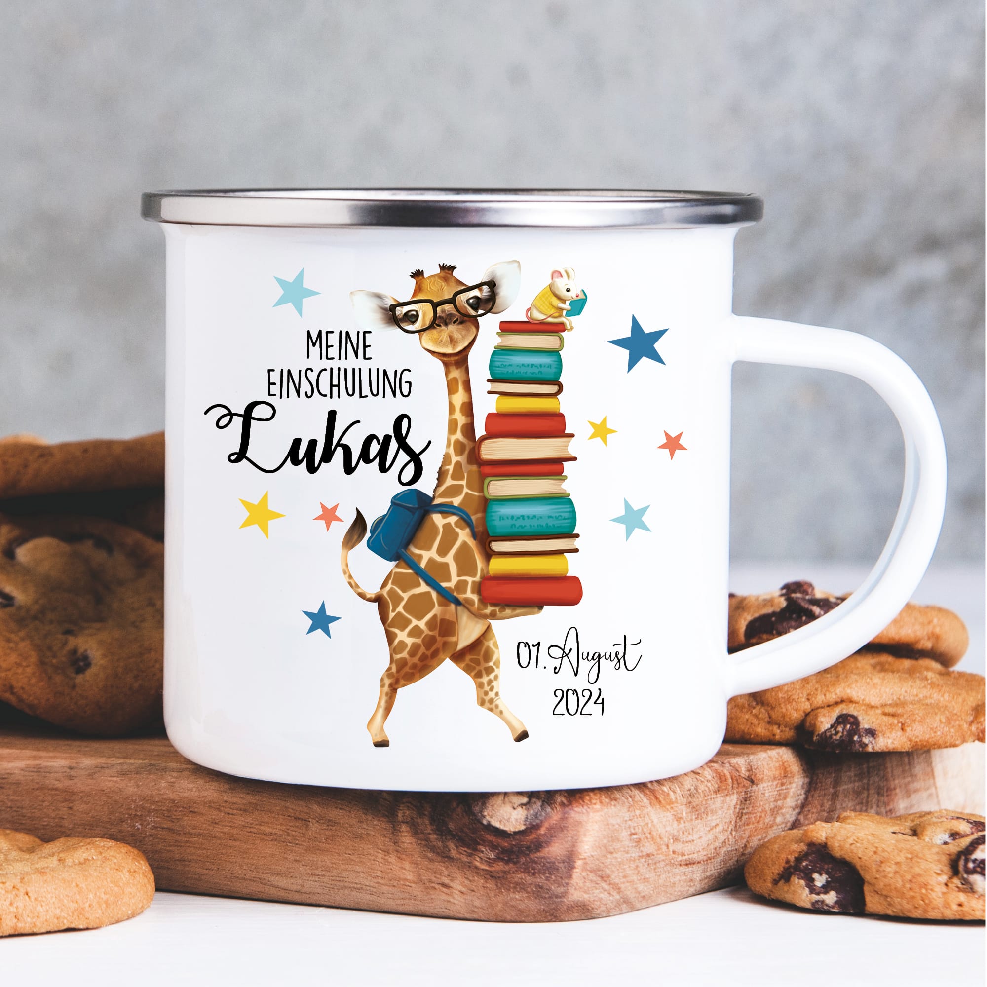 Personalisierte Emaille Kindertasse Giraffe Maus Motiv Geschenk zum Schulanfang