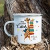 Auf dem Bild ist das Produkt: Personalisierte Emaille Kindertasse Giraffe Maus Motiv Geschenk zum Schulanfang zum Preis von €18.90 abgebildet.