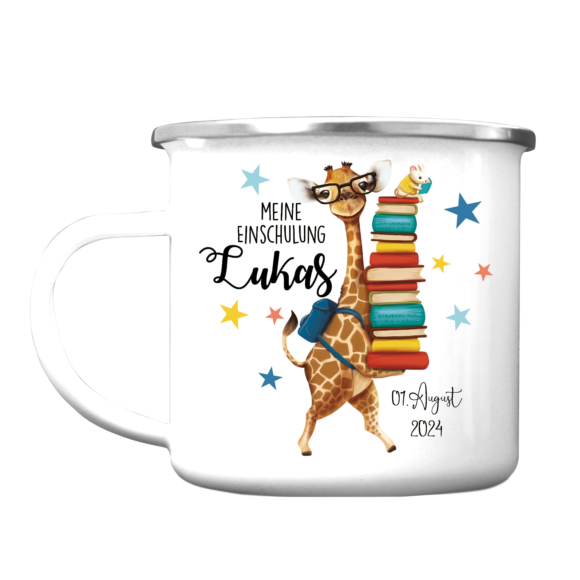 Auf dem Bild ist das Produkt: Personalisierte Emaille Kindertasse Giraffe Maus Motiv Geschenk zum Schulanfang zum Preis von €18.90 abgebildet.