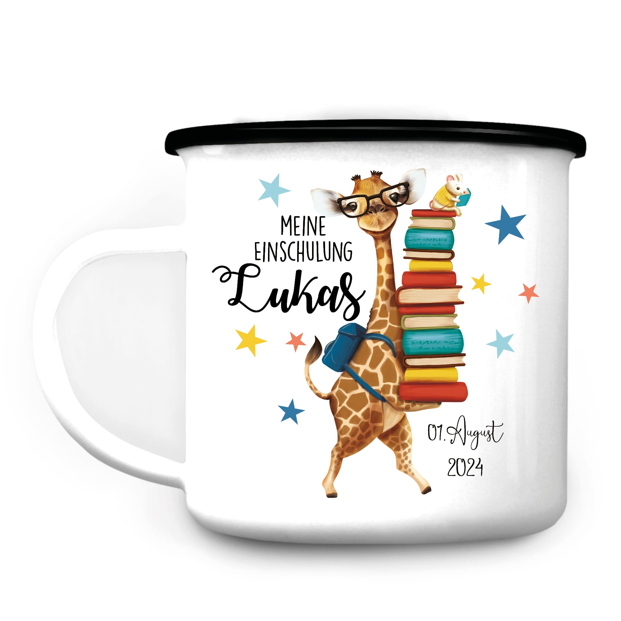 Auf dem Bild ist das Produkt: Personalisierte Emaille Kindertasse Giraffe Maus Motiv Geschenk zum Schulanfang zum Preis von €18.90 abgebildet.