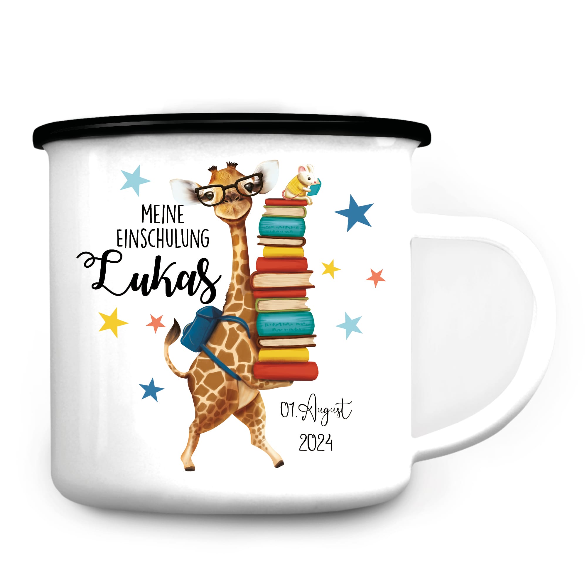 Auf dem Bild ist das Produkt: Personalisierte Emaille Kindertasse Giraffe Maus Motiv Geschenk zum Schulanfang zum Preis von €18.90 abgebildet.