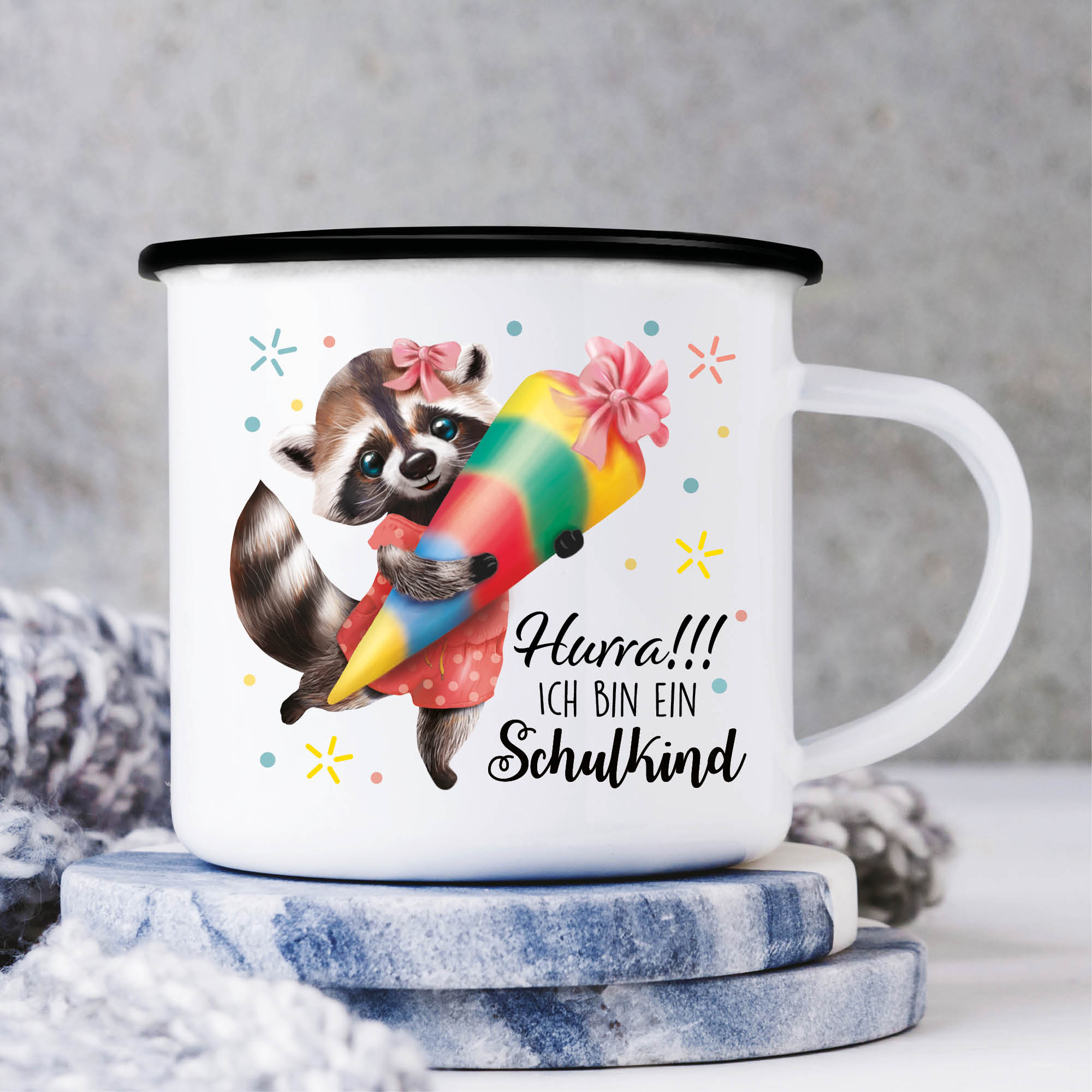 Kindertasse Emaille Becher Waschbär Einschulung Geschenk Schulanfang Schultüte