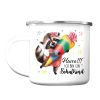 Auf dem Bild ist das Produkt: Kindertasse Emaille Becher Waschbär Einschulung Geschenk Schulanfang Schultüte zum Preis von €18.90 abgebildet.