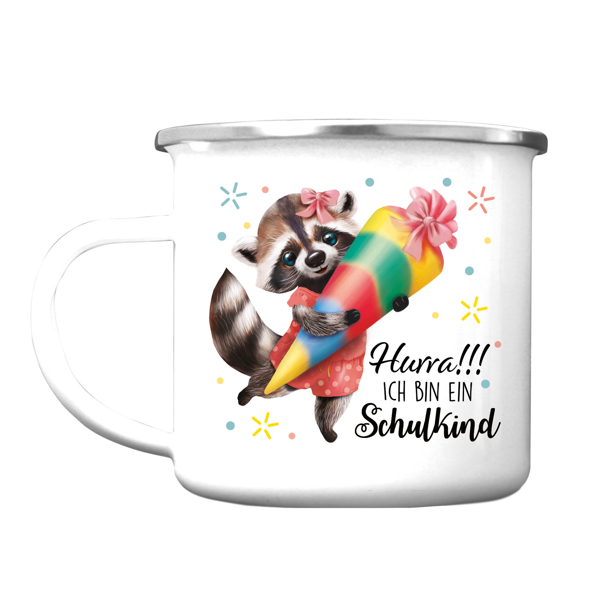 Auf dem Bild ist das Produkt: Kindertasse Emaille Becher Waschbär Einschulung Geschenk Schulanfang Schultüte zum Preis von €18.90 abgebildet.