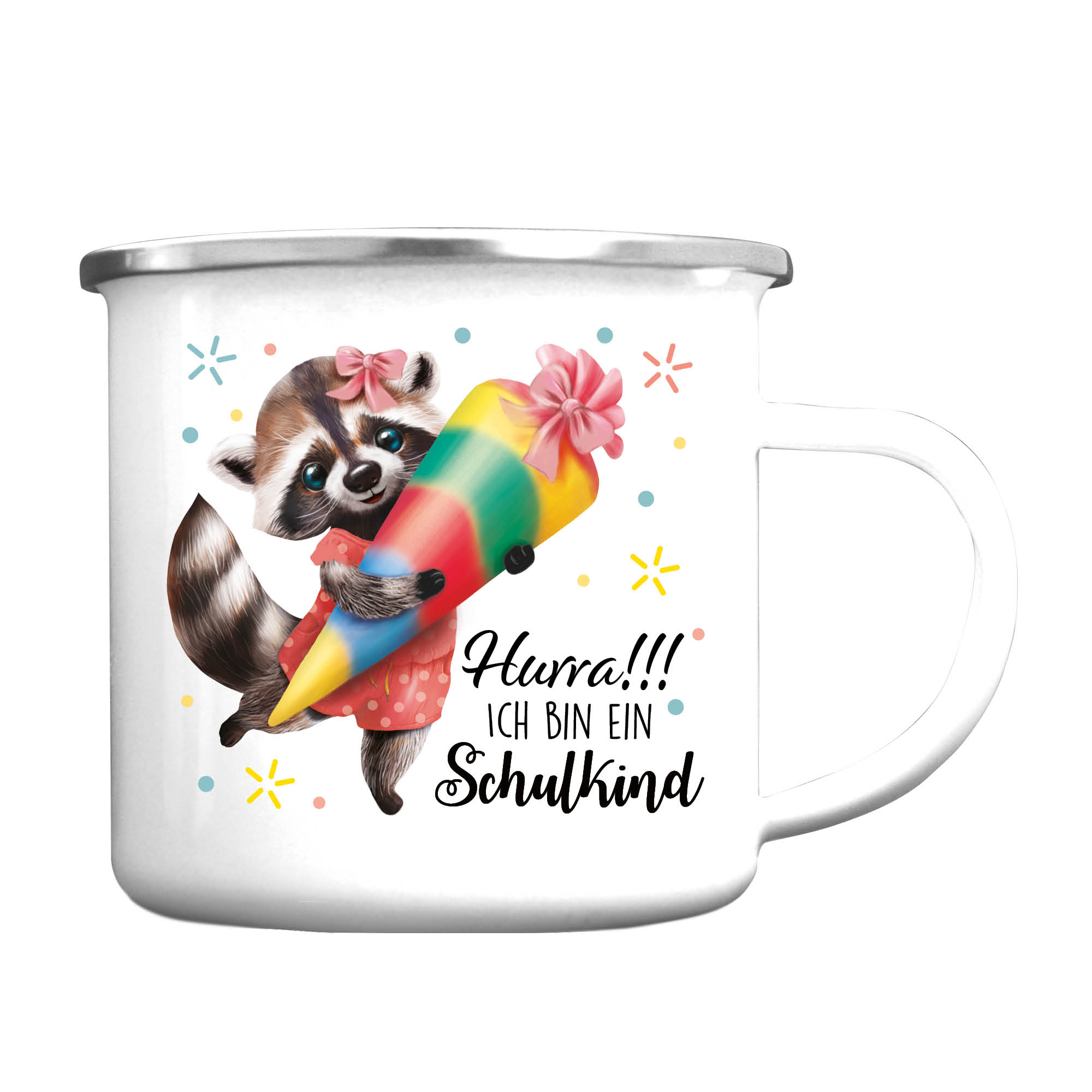 Auf dem Bild ist das Produkt: Kindertasse Emaille Becher Waschbär Einschulung Geschenk Schulanfang Schultüte zum Preis von €18.90 abgebildet.