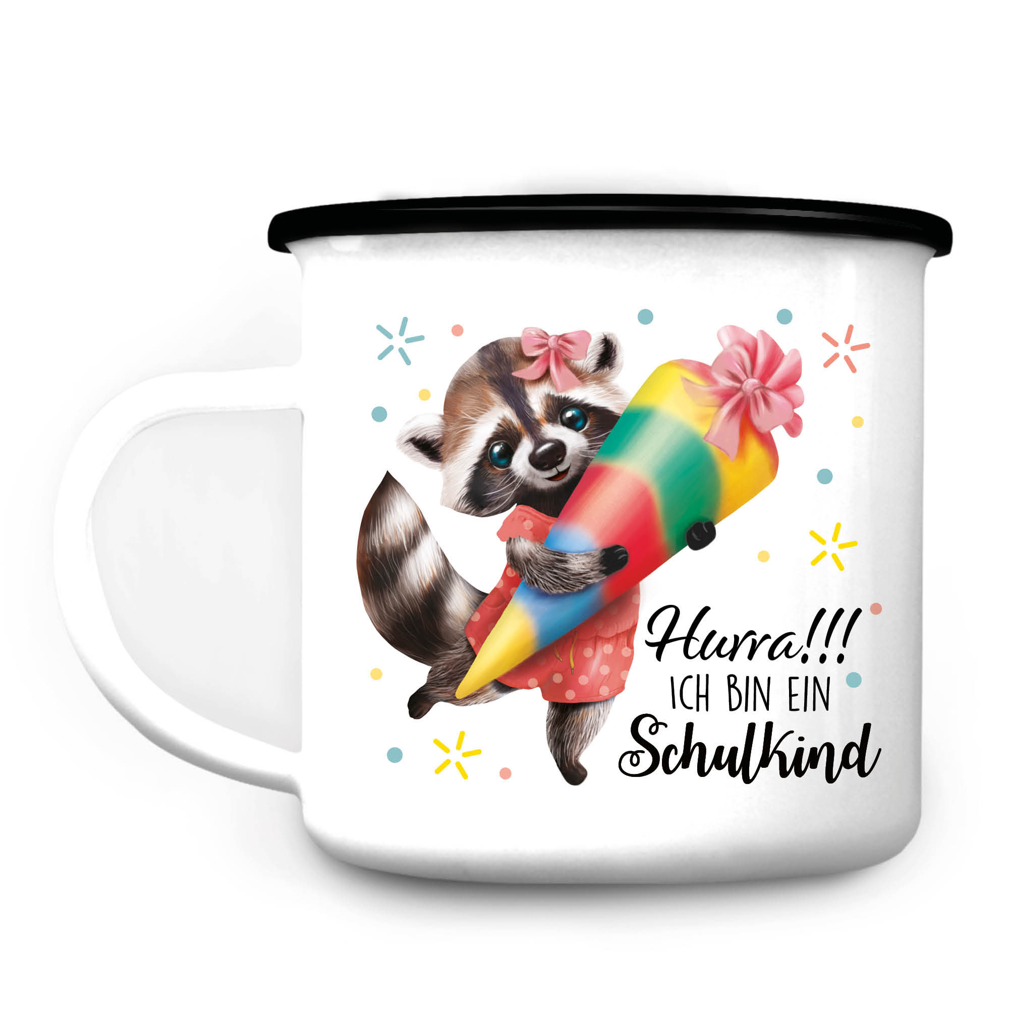 Auf dem Bild ist das Produkt: Kindertasse Emaille Becher Waschbär Einschulung Geschenk Schulanfang Schultüte zum Preis von €18.90 abgebildet.