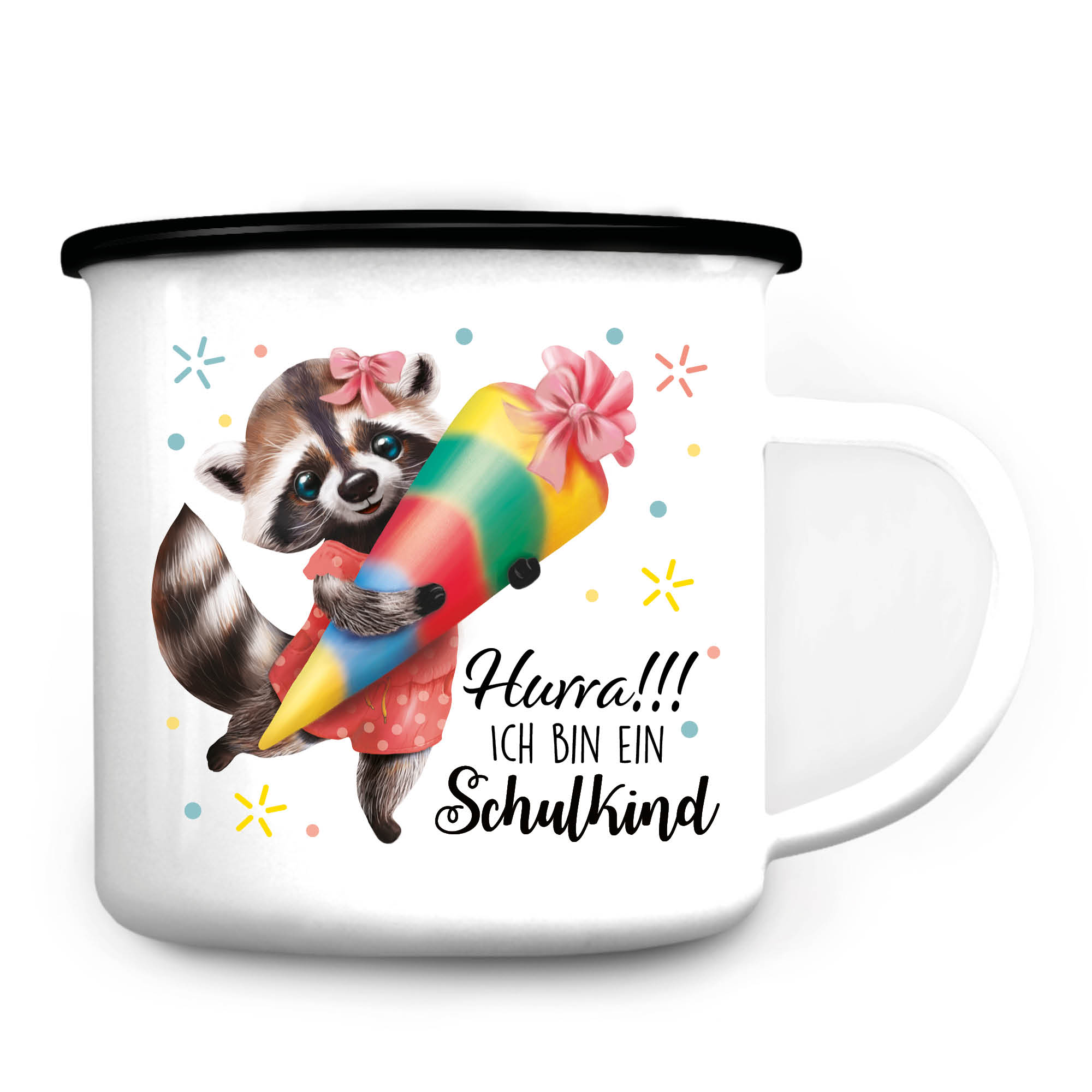 Auf dem Bild ist das Produkt: Kindertasse Emaille Becher Waschbär Einschulung Geschenk Schulanfang Schultüte zum Preis von €18.90 abgebildet.