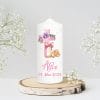 Auf dem Bild ist das Produkt: Taufkerze bedruckt Reh Jesuskreuz Junge Mädchen personalisiert mit Namen Datum Taufspruch Geschenk Kerze zur Taufe zum Preis von €6.40 abgebildet.