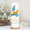 Auf dem Bild ist das Produkt: weiße Taufkerze Kerze zur Taufe oder Geburt Schiff Jesuskreuz Taufspruch mit Wunschname & Datum zum Preis von €5.9 abgebildet.