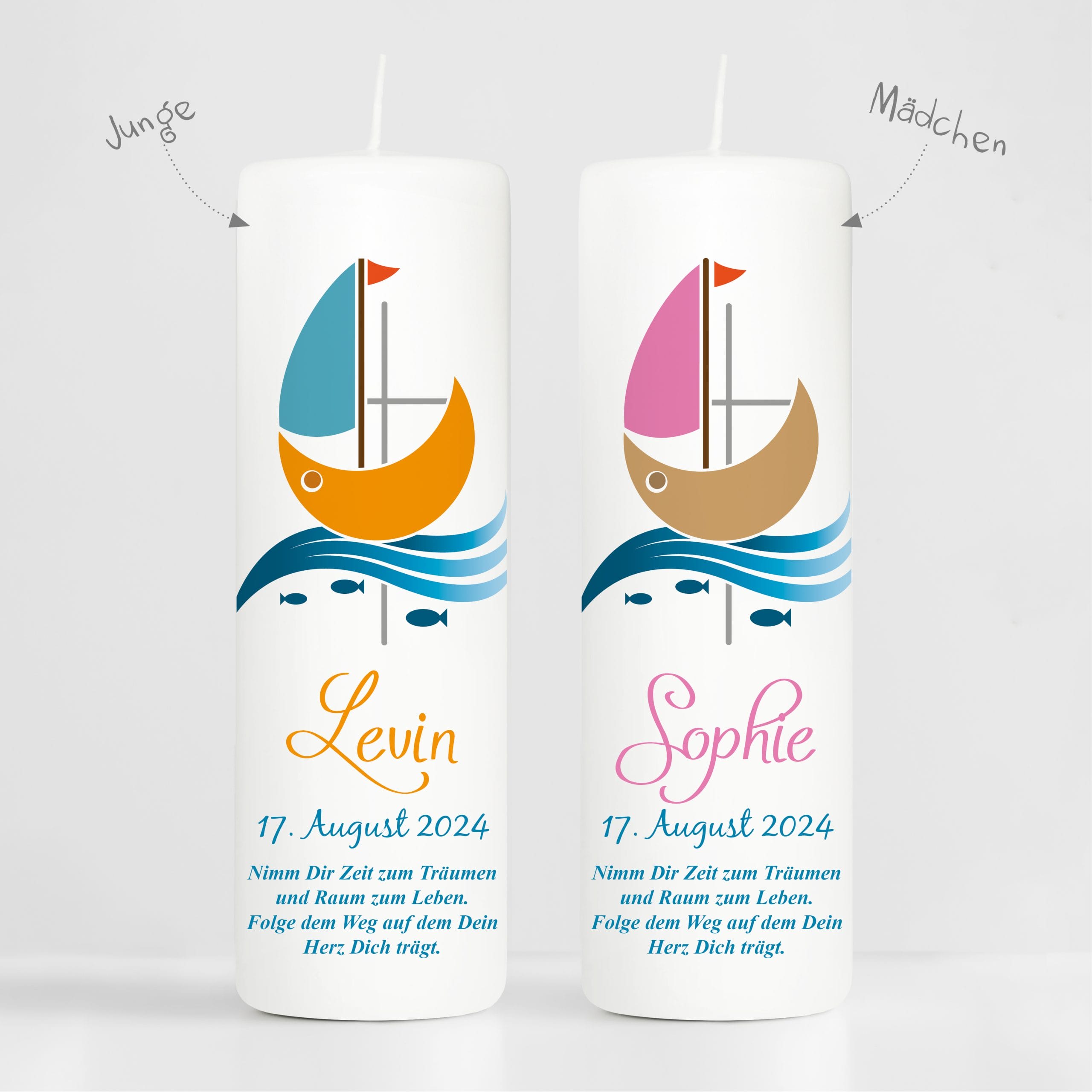Auf dem Bild ist das Produkt: weiße Taufkerze Kerze zur Taufe oder Geburt Schiff Jesuskreuz Taufspruch mit Wunschname & Datum zum Preis von €5.9 abgebildet.