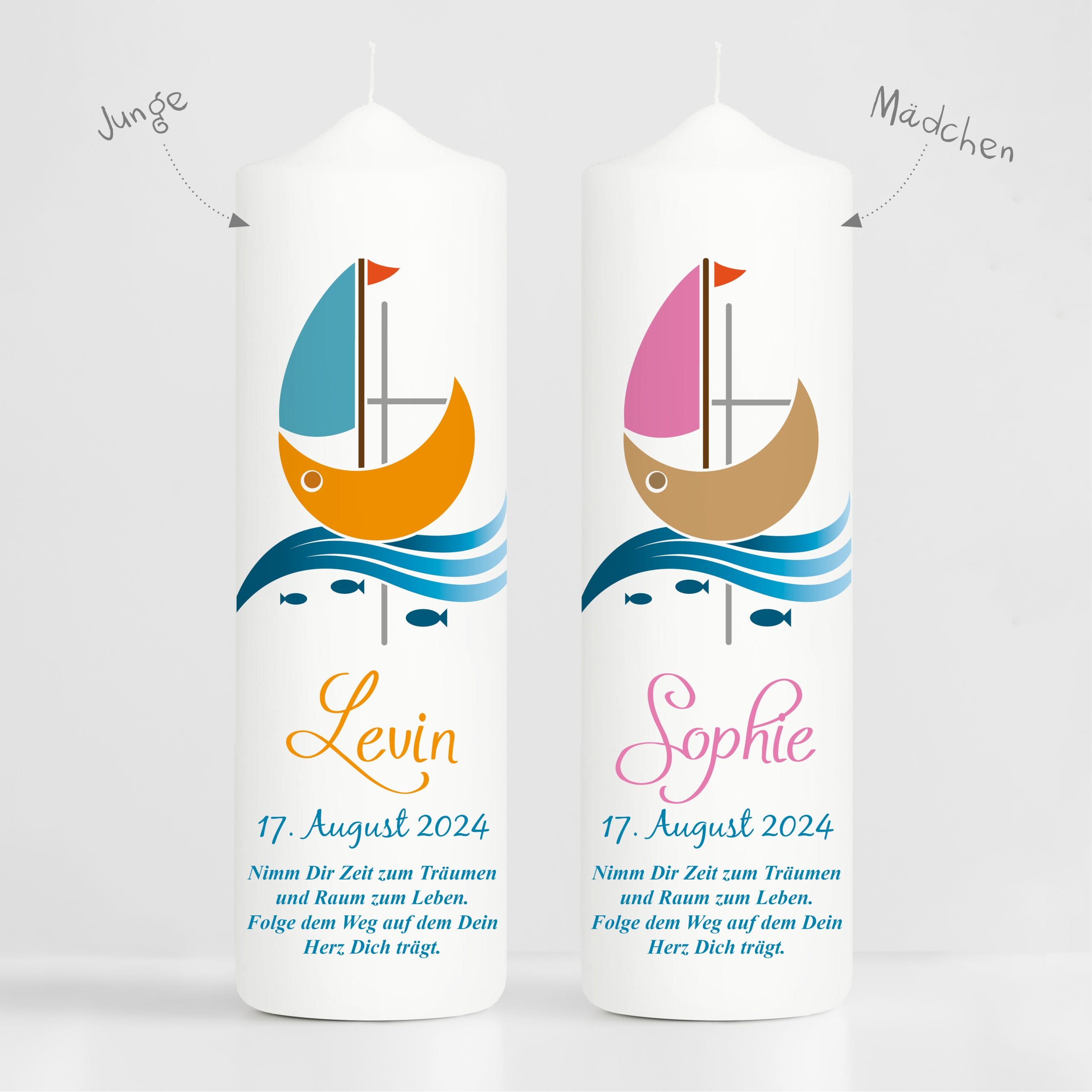 Auf dem Bild ist das Produkt: weiße Taufkerze Kerze zur Taufe oder Geburt Schiff Jesuskreuz Taufspruch mit Wunschname & Datum zum Preis von €5.9 abgebildet.