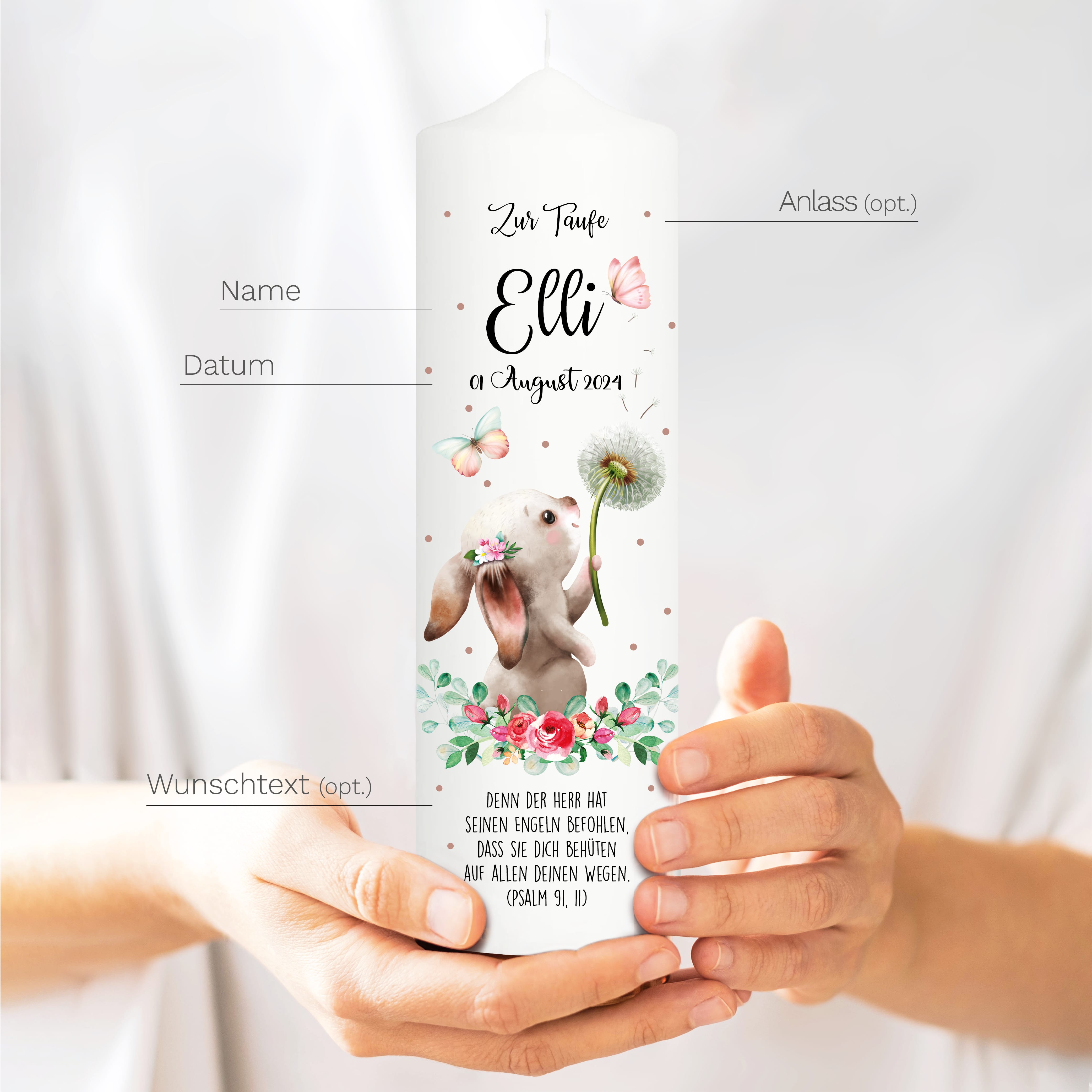 Auf dem Bild ist das Produkt: Taufkerze bedruckt Hase Pusteblume Junge Mädchen personalisiert mit Namen Datum Taufspruch Geschenk Kerze zur Taufe zum Preis von €6.40 abgebildet.