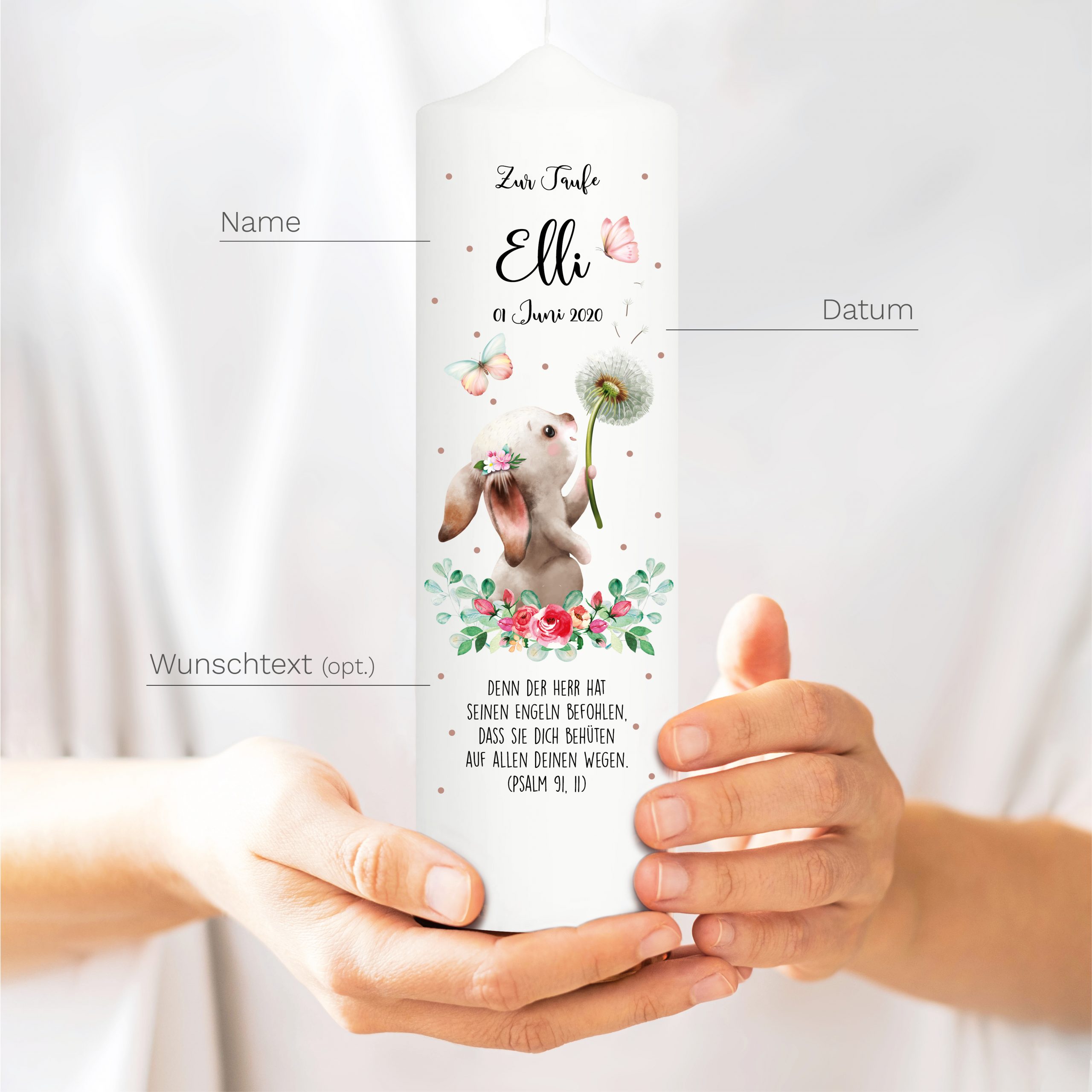 Auf dem Bild ist das Produkt: Taufkerze Junge Mädchen Hase Pusteblume mit Namen Datum und ggf. Taufspruch Kerze zur Taufe zum Preis von €5.9 abgebildet.