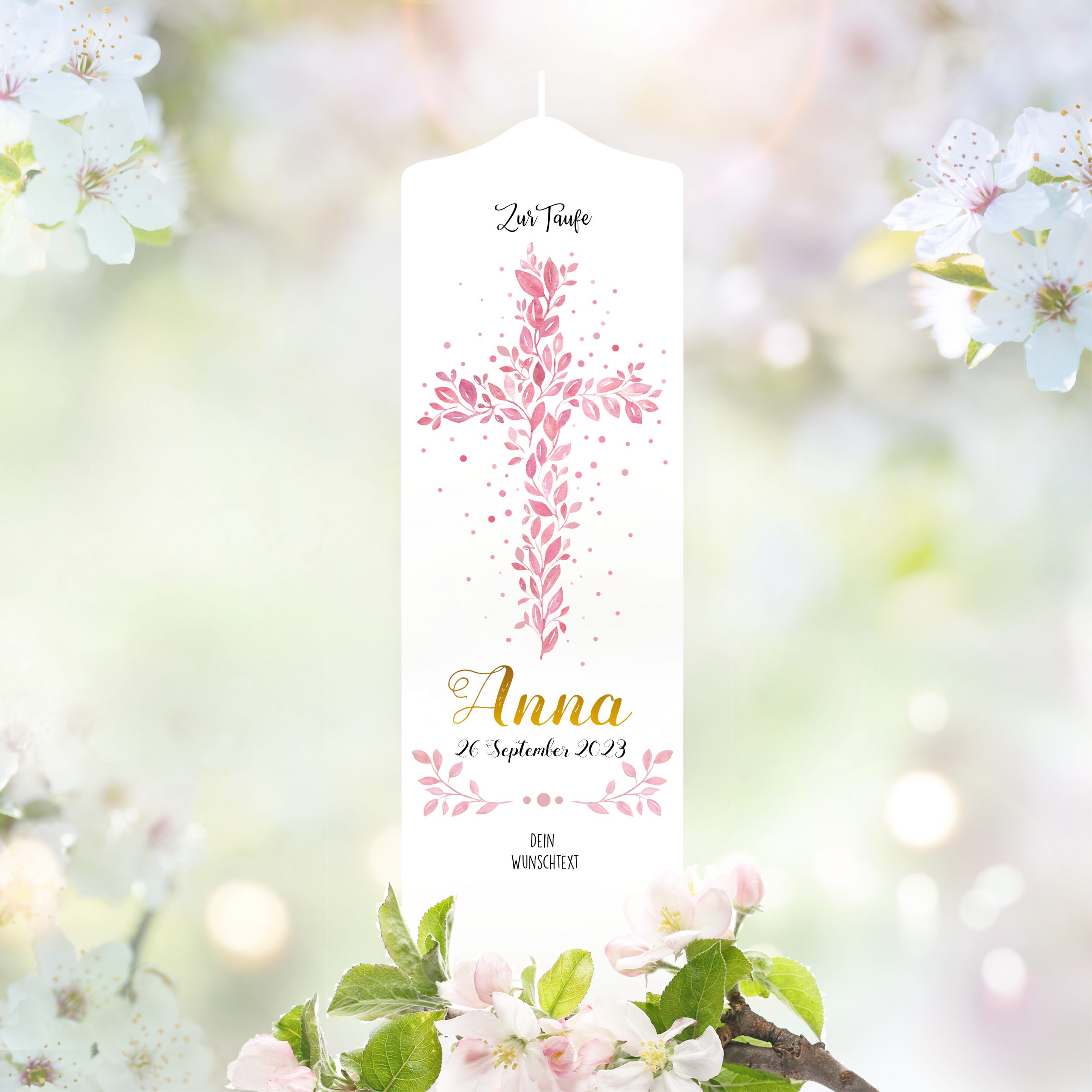 Auf dem Bild ist das Produkt: Taufkerze Junge/ Mädchen Baum Heiliges Kreuz rosa Blätter Kerze zur Taufe mit Namen, Datum und eigenem, vorgegebenem oder keinem Taufspruch zum Preis von €5.90 abgebildet.
