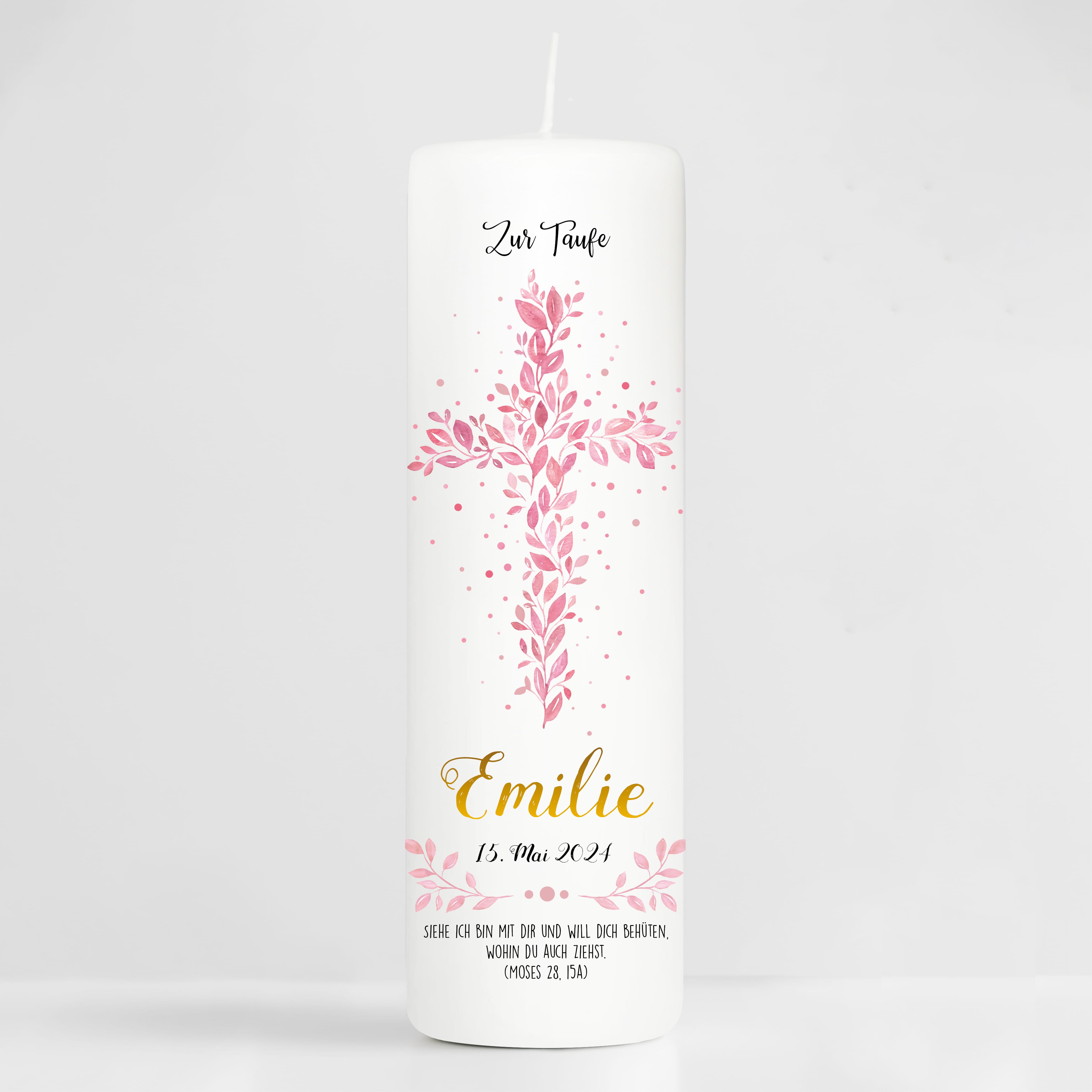 Auf dem Bild ist das Produkt: Taufkerze Junge/ Mädchen Baum Heiliges Kreuz rosa Blätter Kerze zur Taufe mit Namen, Datum und eigenem, vorgegebenem oder keinem Taufspruch zum Preis von €5.90 abgebildet.