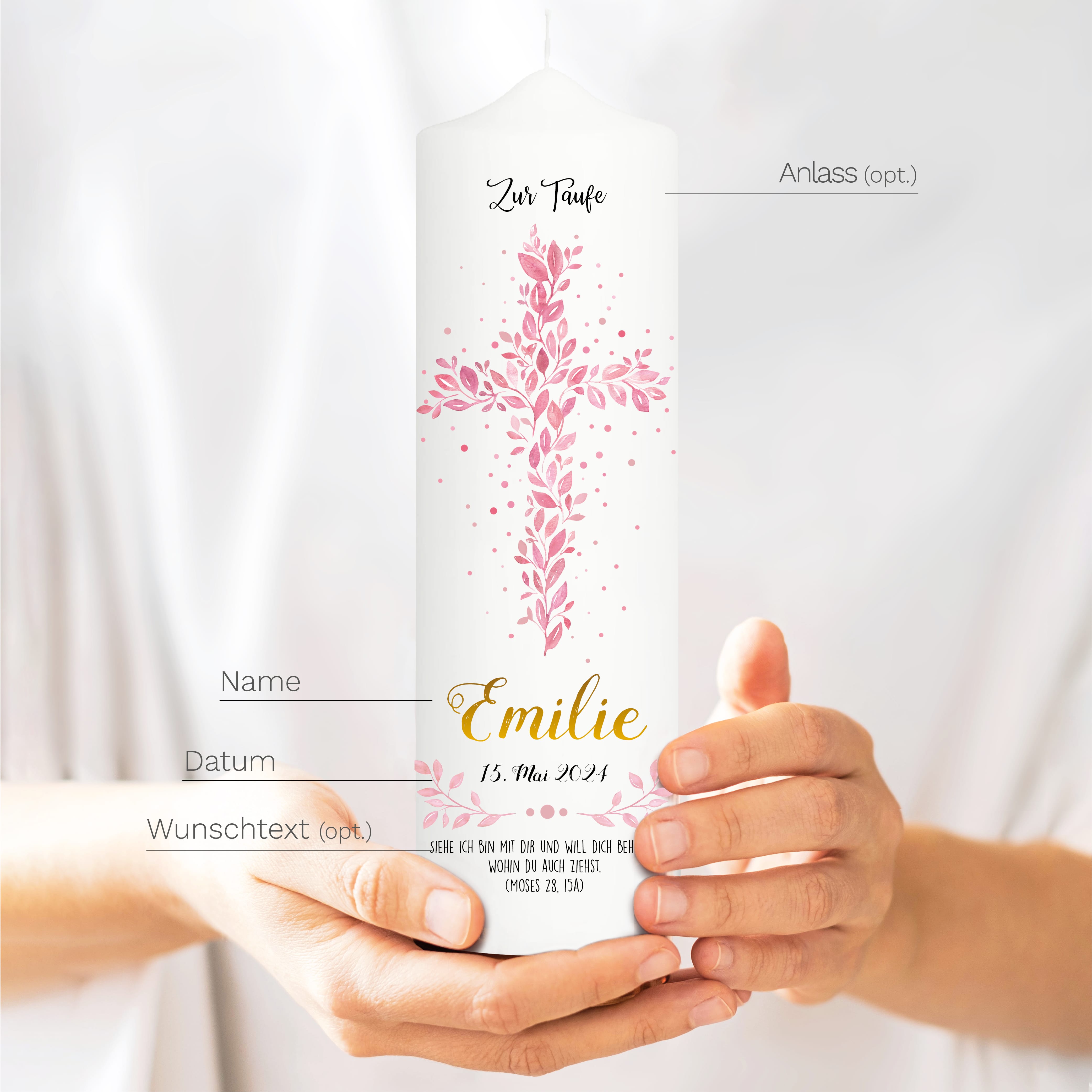 Auf dem Bild ist das Produkt: Taufkerze Junge/ Mädchen Baum Heiliges Kreuz rosa Blätter Kerze zur Taufe mit Namen, Datum und eigenem, vorgegebenem oder keinem Taufspruch zum Preis von €5.90 abgebildet.