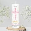 Auf dem Bild ist das Produkt: Taufkerze Junge/ Mädchen Baum Heiliges Kreuz rosa Blätter Kerze zur Taufe mit Namen, Datum und eigenem, vorgegebenem oder keinem Taufspruch zum Preis von €5.90 abgebildet.