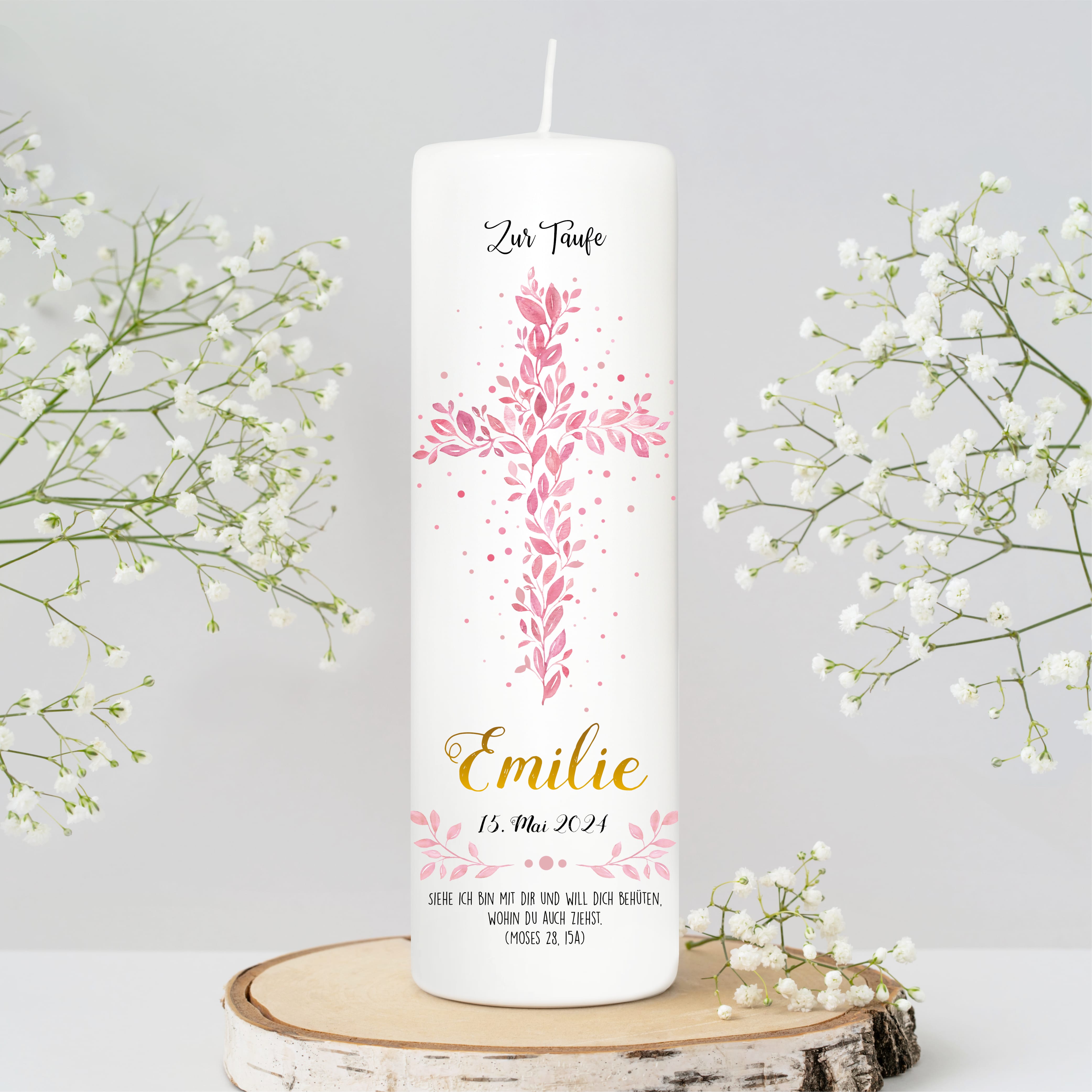 Auf dem Bild ist das Produkt: Taufkerze Junge/ Mädchen Baum Heiliges Kreuz rosa Blätter Kerze zur Taufe mit Namen, Datum und eigenem, vorgegebenem oder keinem Taufspruch zum Preis von €5.90 abgebildet.