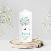 Auf dem Bild ist das Produkt: Taufkerze Blütenbaum für Mädchen oder Junge Baum mit Blüten Taufspruch Personalisierung zum Preis von €6.40 abgebildet.