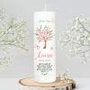 Auf dem Bild ist das Produkt: Taufkerze Blütenbaum für Mädchen oder Junge Baum mit Blüten Taufspruch Personalisierung zum Preis von €6.40 abgebildet.