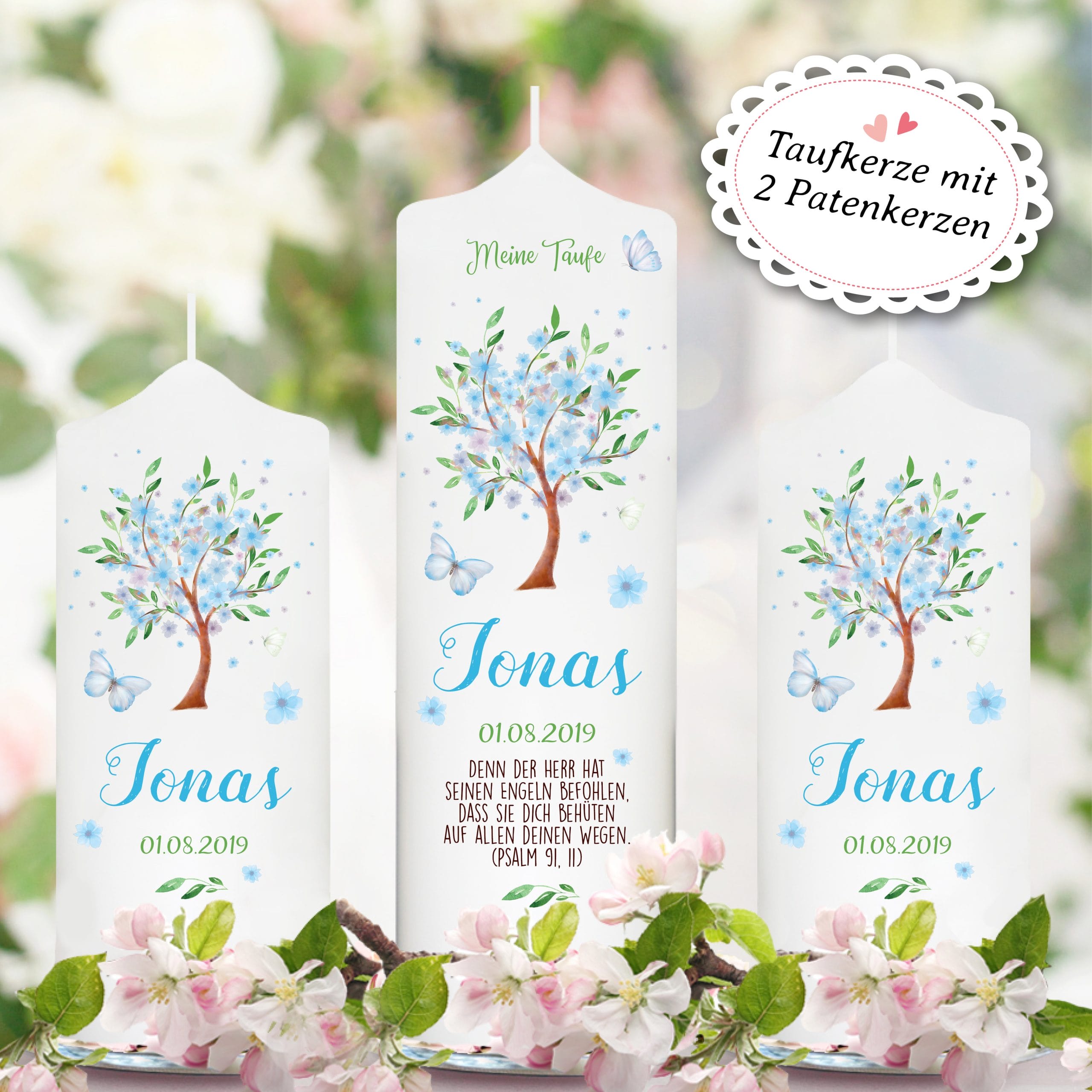 Auf dem Bild ist das Produkt: Taufkerze für Mädchen oder Junge Baum mit Blüten Taufspruch Personalisierung zum Preis von €5.90 abgebildet.