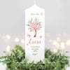 Auf dem Bild ist das Produkt: Taufkerze für Mädchen oder Junge Baum mit Blüten Taufspruch Personalisierung zum Preis von €5.90 abgebildet.