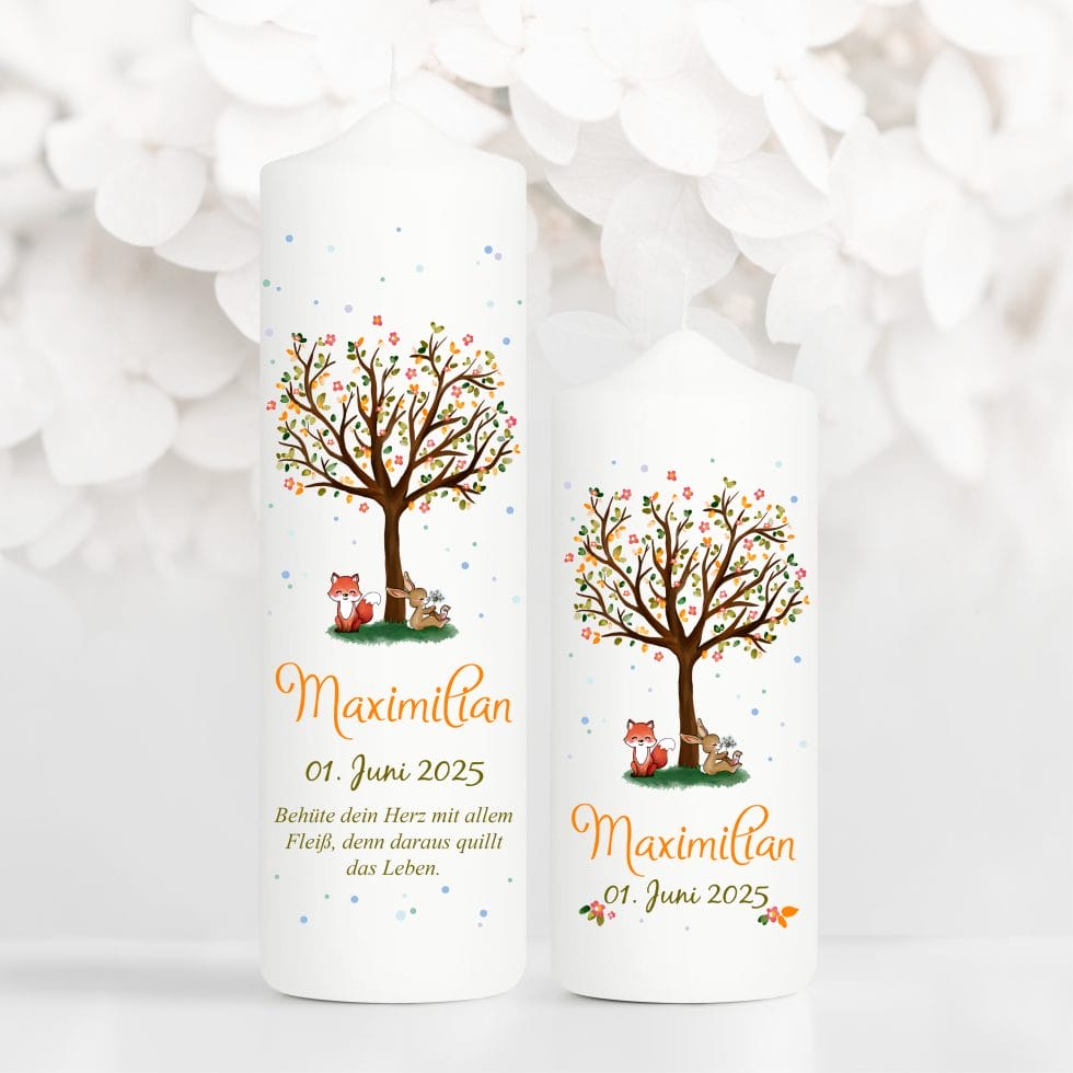 Taufkerze Individualisierbar Mit Baum & Marienkäfer - 25cm Handbemalte Kerze