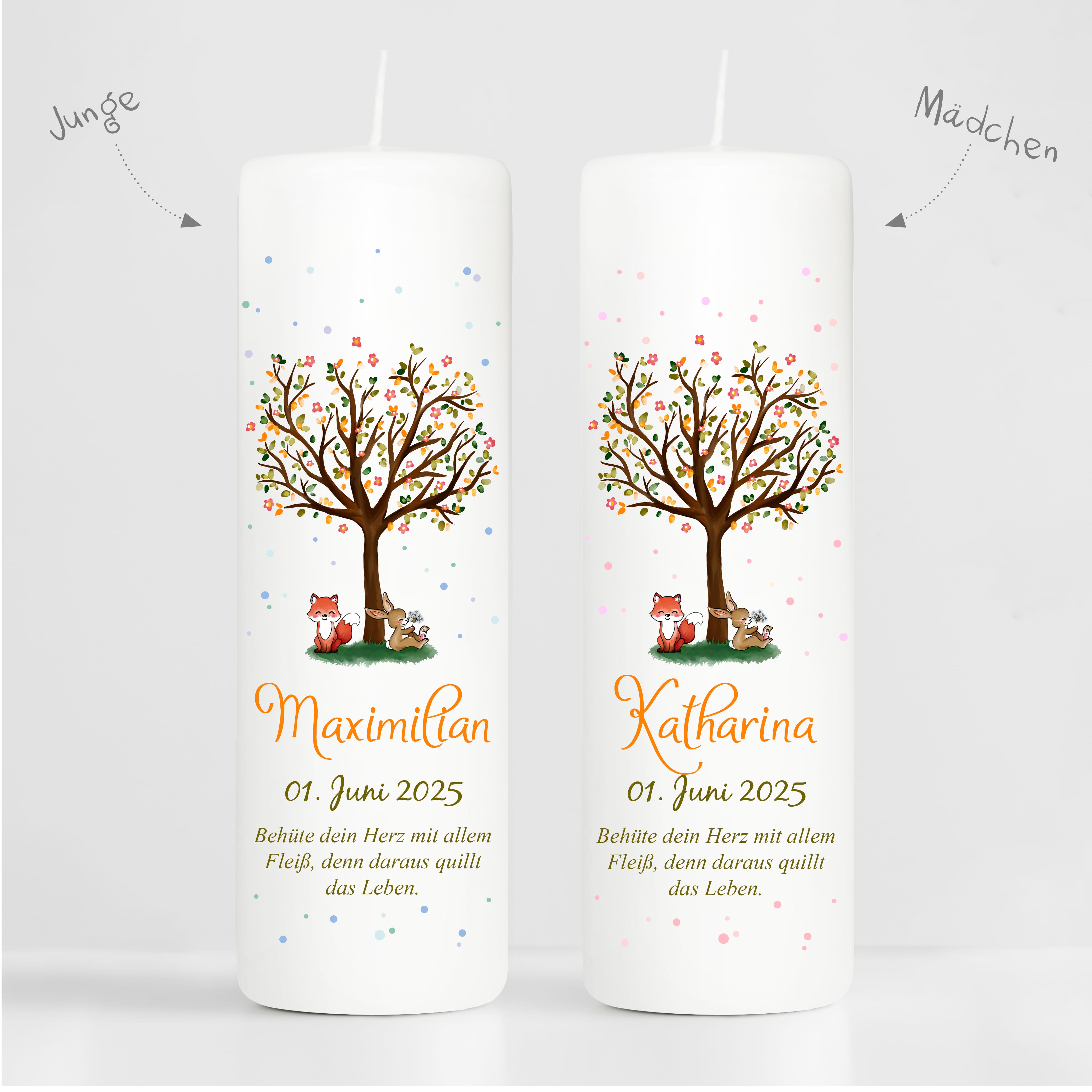 Auf dem Bild ist das Produkt: Taufkerze Kerze zur Taufe Baum Spruch Taufspruch individualisierbar tree Hase und Fuchs zum Preis von €6.4 abgebildet.