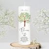 Auf dem Bild ist das Produkt: Taufkerze Lebensbaum Schmetterling Junge Mädchen Baum Schmetterlinge bedruckt mit Namen, Datum und Taufspruch zum Preis von €6.40 abgebildet.
