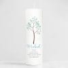 Auf dem Bild ist das Produkt: Taufkerze Junge Mädchen Baum Lebensbaum pastell bedruckt mit Namen, Datum und auf Wunsch eigenem, vorgegebenem oder keinem Taufspruch zum Preis von €5.90 abgebildet.
