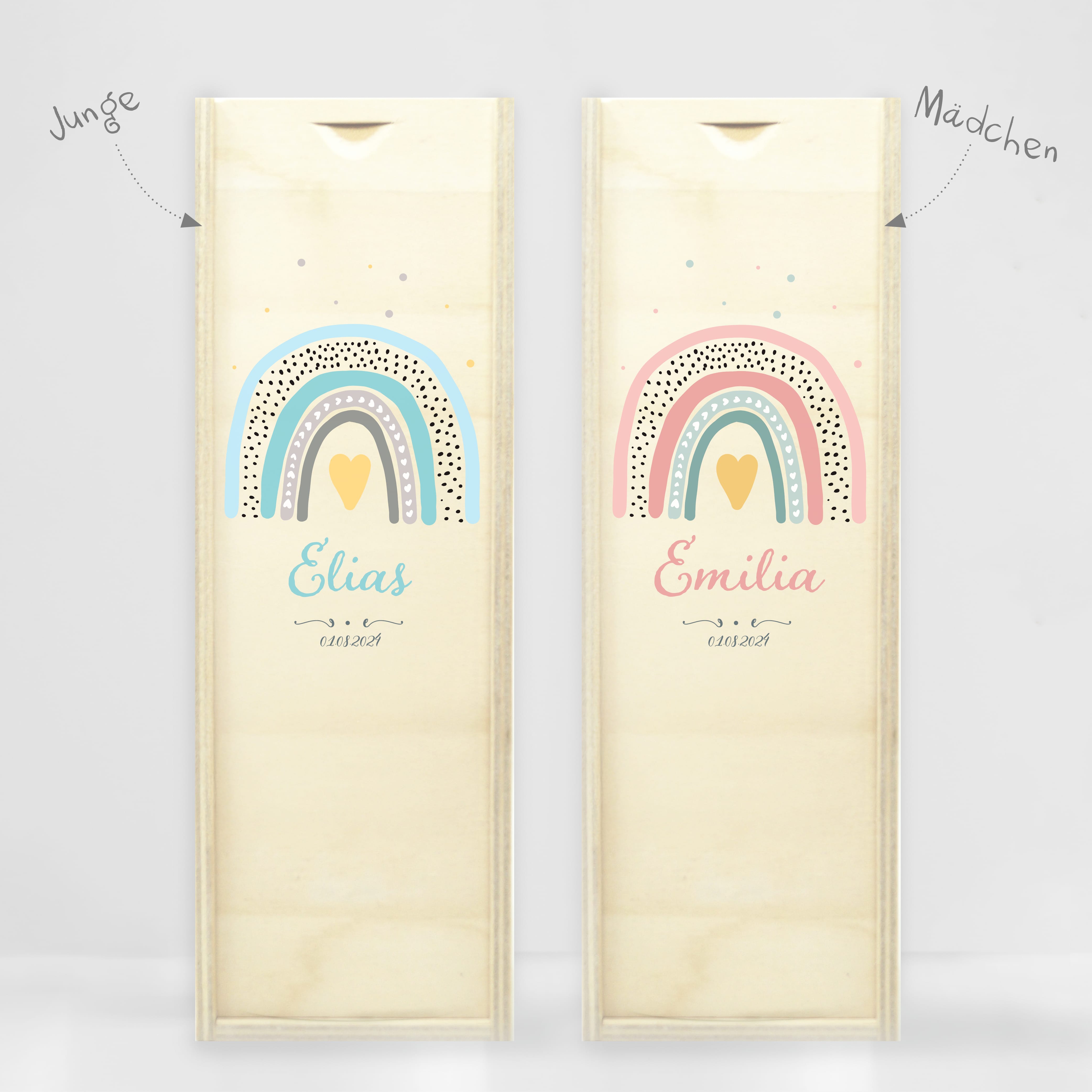 Auf dem Bild ist das Produkt: Taufkerze Kerze zur Taufe oder Kommunion Regenbogen bunt Taufspruch mit Wunschname & Datum zum Preis von €5.9 abgebildet.