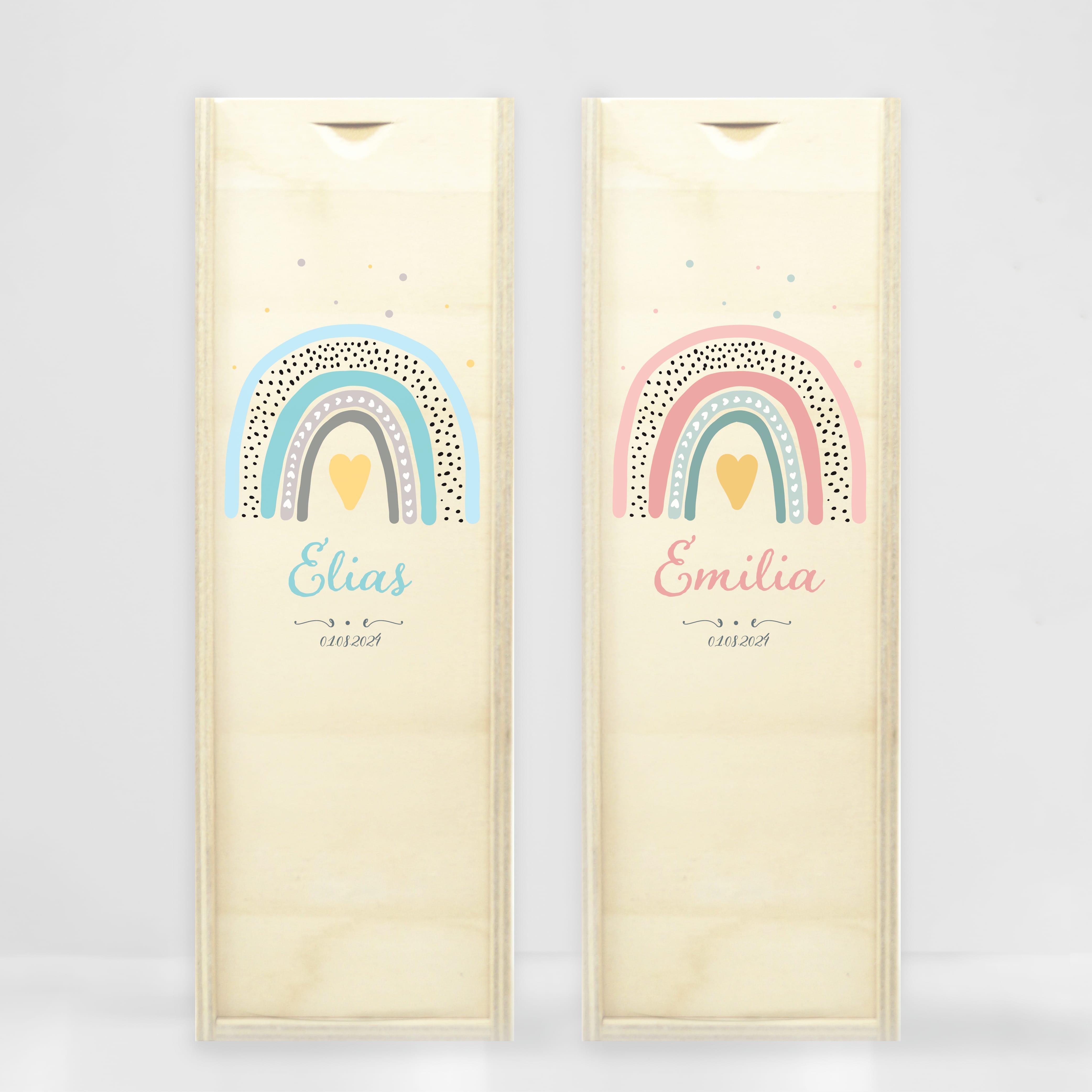 Auf dem Bild ist das Produkt: Taufkerze Kerze zur Taufe oder Kommunion Regenbogen bunt Taufspruch mit Wunschname & Datum zum Preis von €5.9 abgebildet.