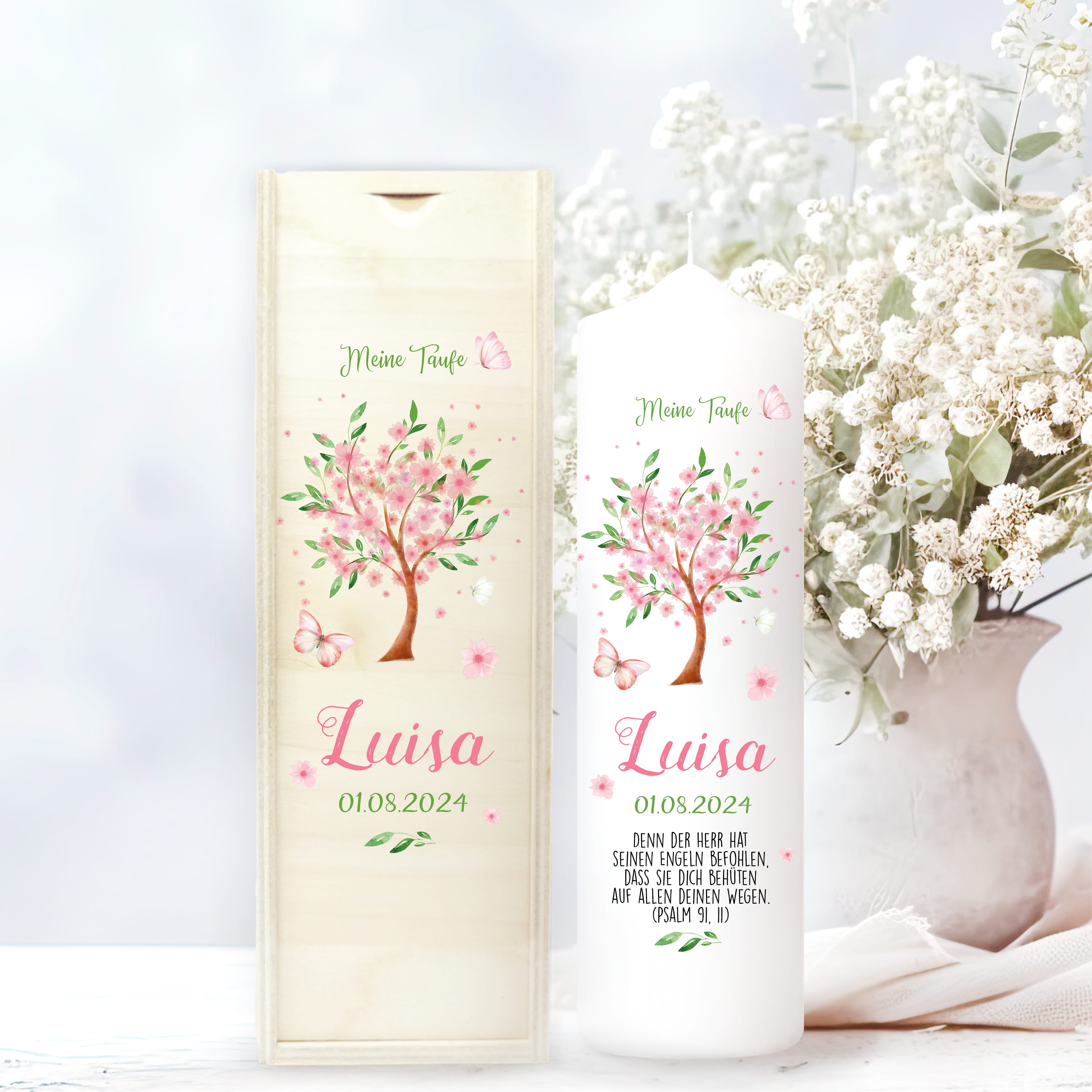 Taufkerze für Mädchen oder Junge Baum mit Blüten Taufspruch Personalisierung