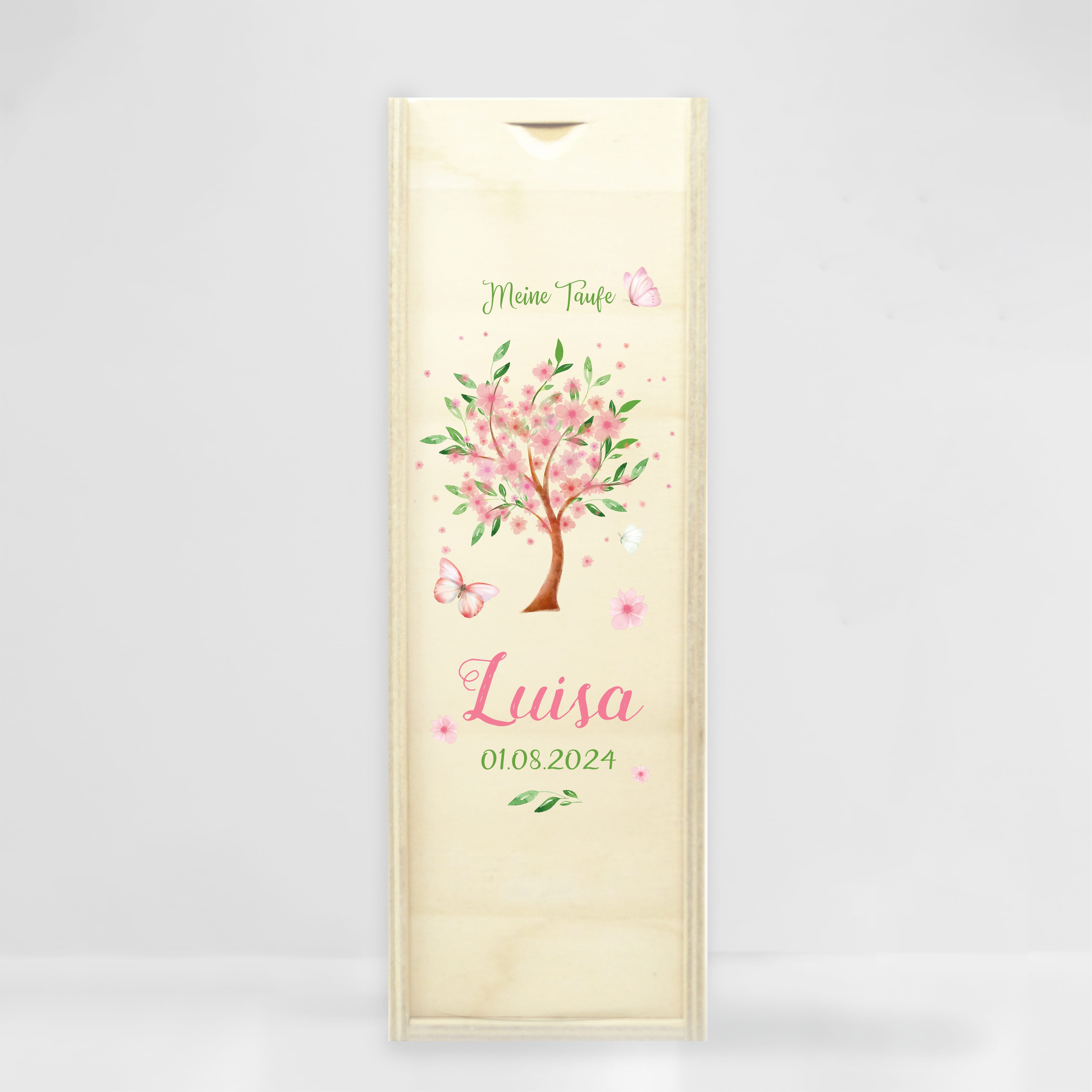 Auf dem Bild ist das Produkt: Taufkerze für Mädchen oder Junge Baum mit Blüten Taufspruch Personalisierung zum Preis von €5.90 abgebildet.